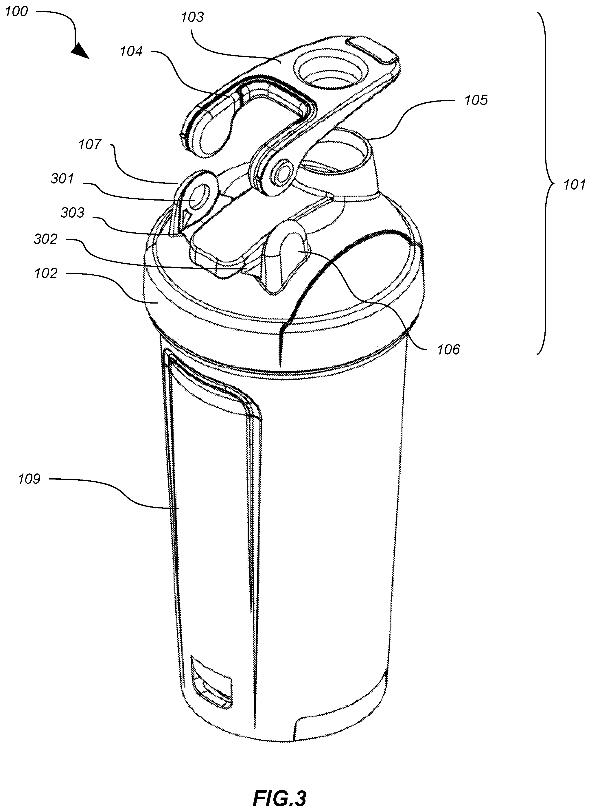 Patent US12304703 Figure 3 – Container lid with flip cap and nesting carry loop