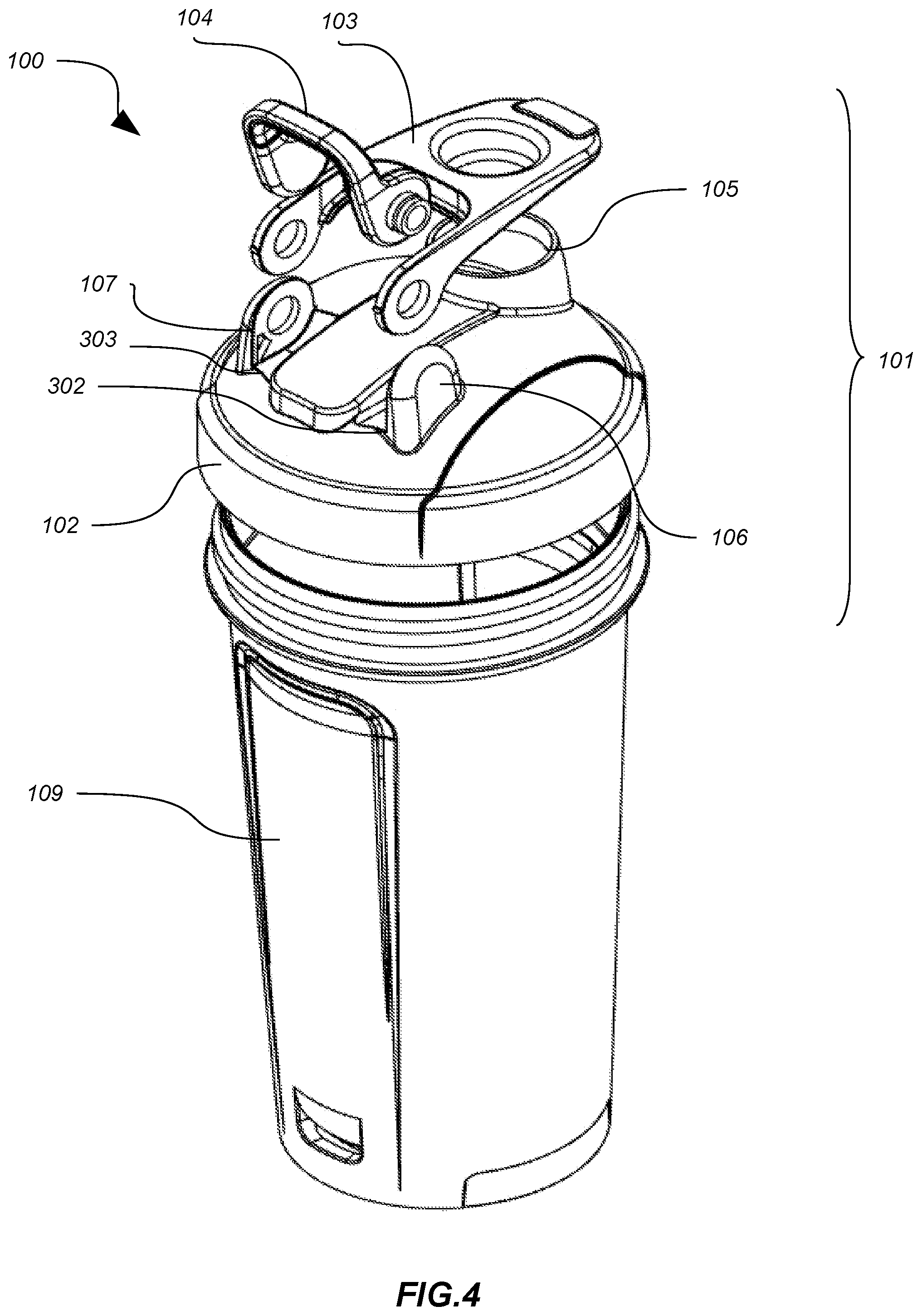 Patent US12304703 Figure 4 – Container lid with flip cap and nesting carry loop