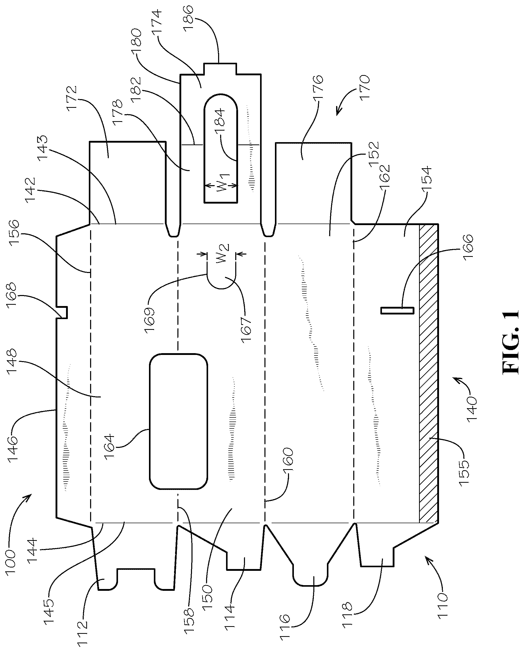 Patent US12304705 Figure 1 – One- and two-pack beverage box