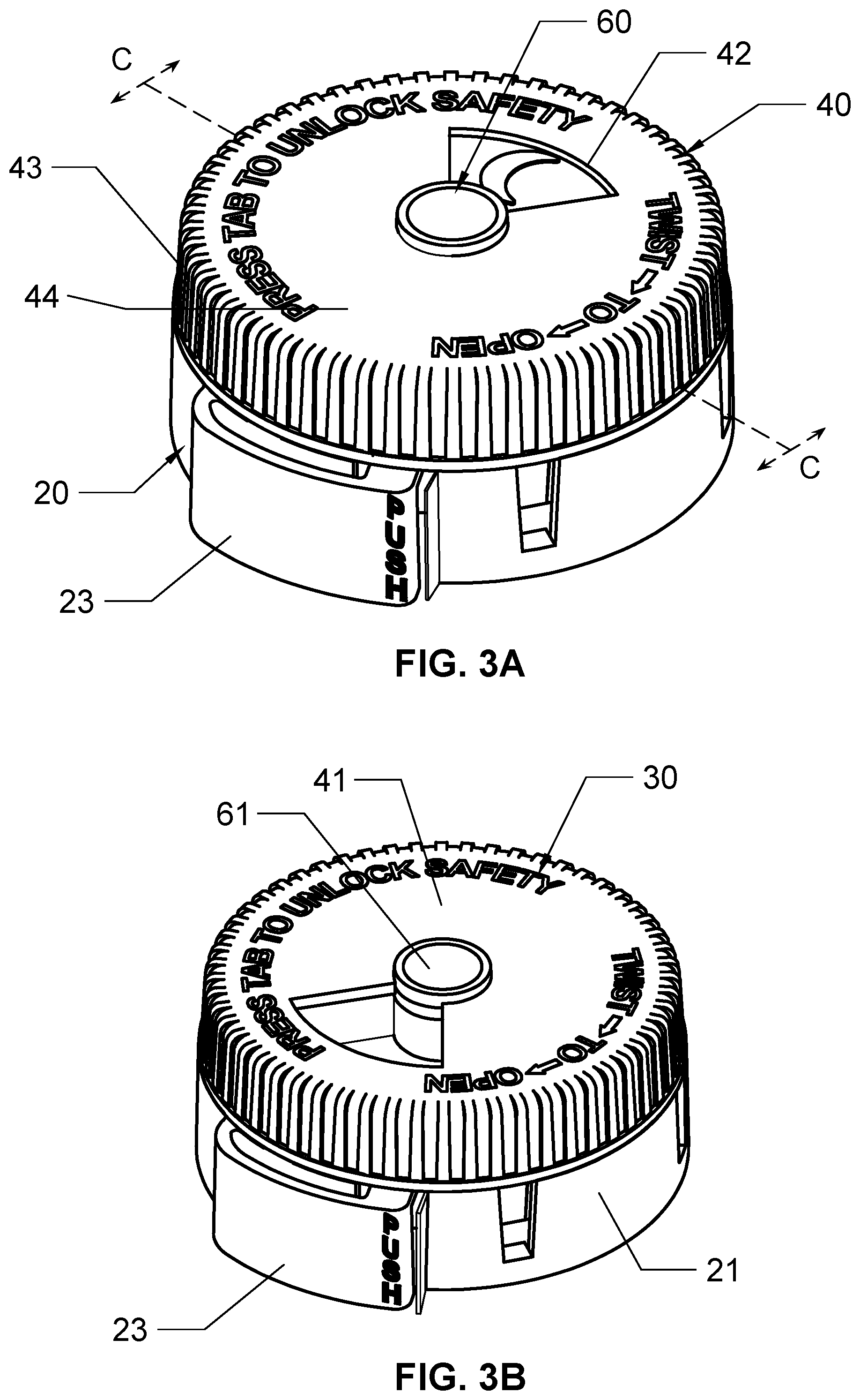 Patent US12304719 Figure 3 – Pivoting cap with locking mechanism for medication dispenser