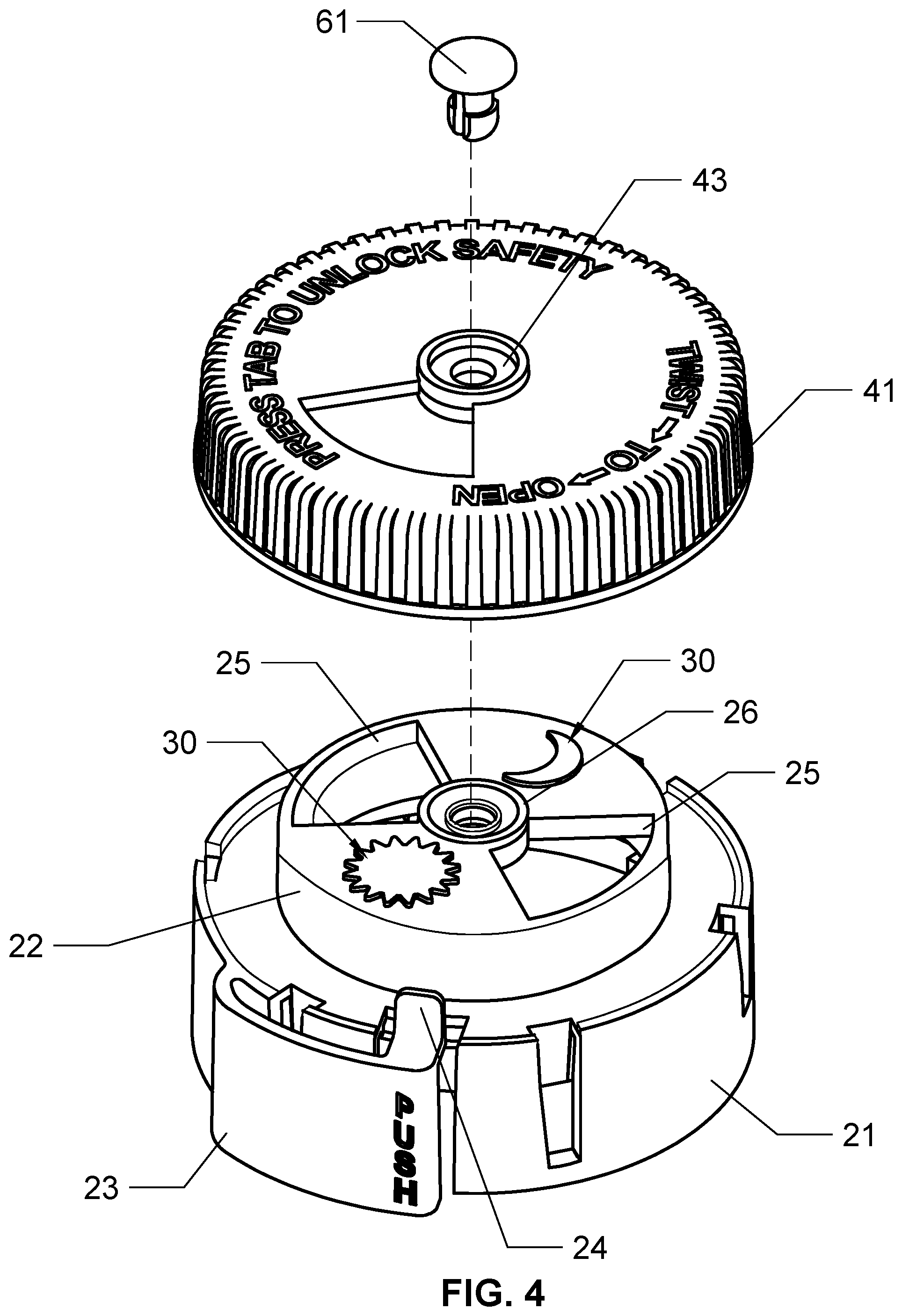 Patent US12304719 Figure 4 – Pivoting cap with locking mechanism for medication dispenser