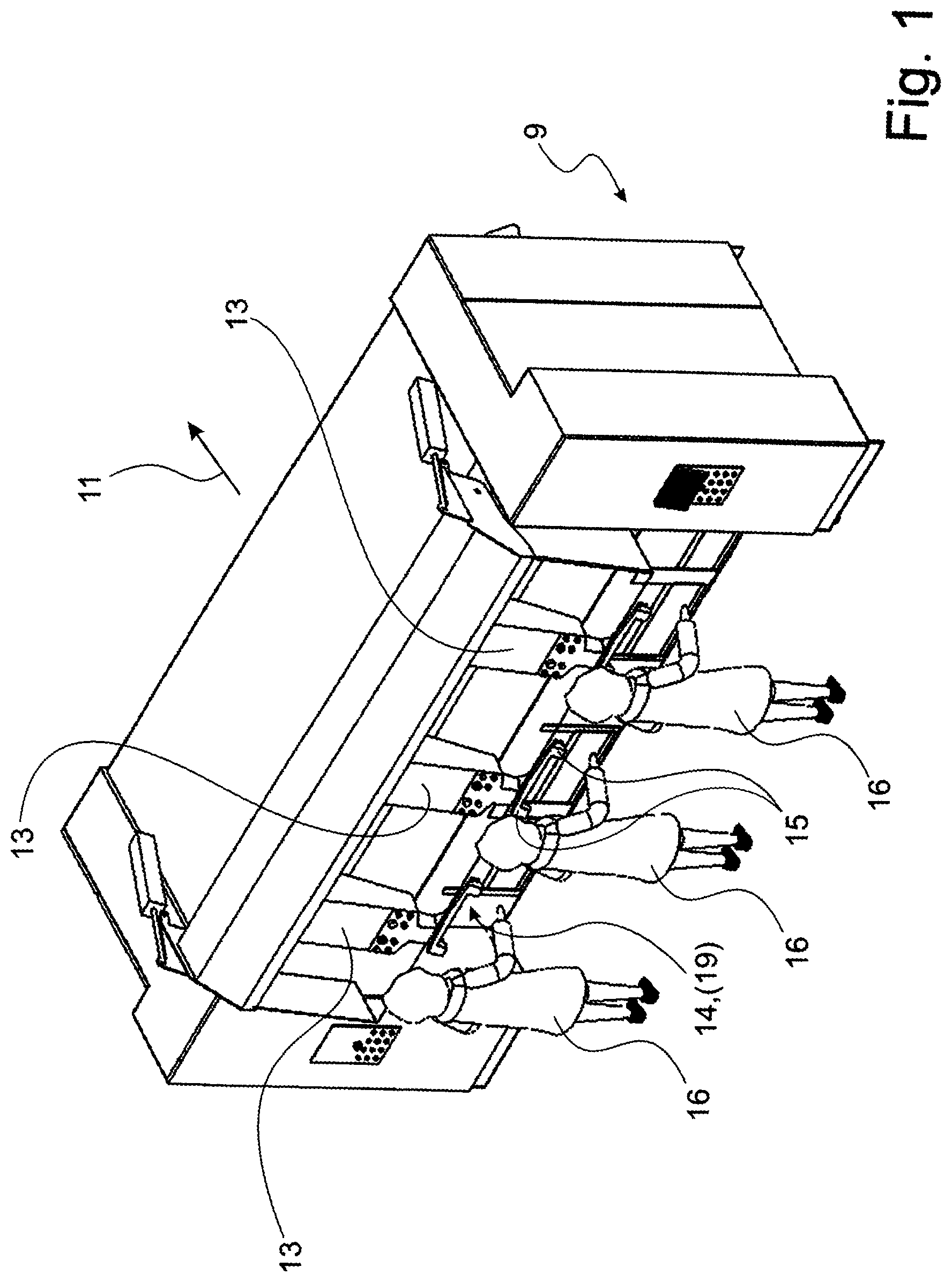 Patent US12304740 Figure 1 – Method and apparatuses for feeding items of laundry to a laundry machine, such as in particular a mangle