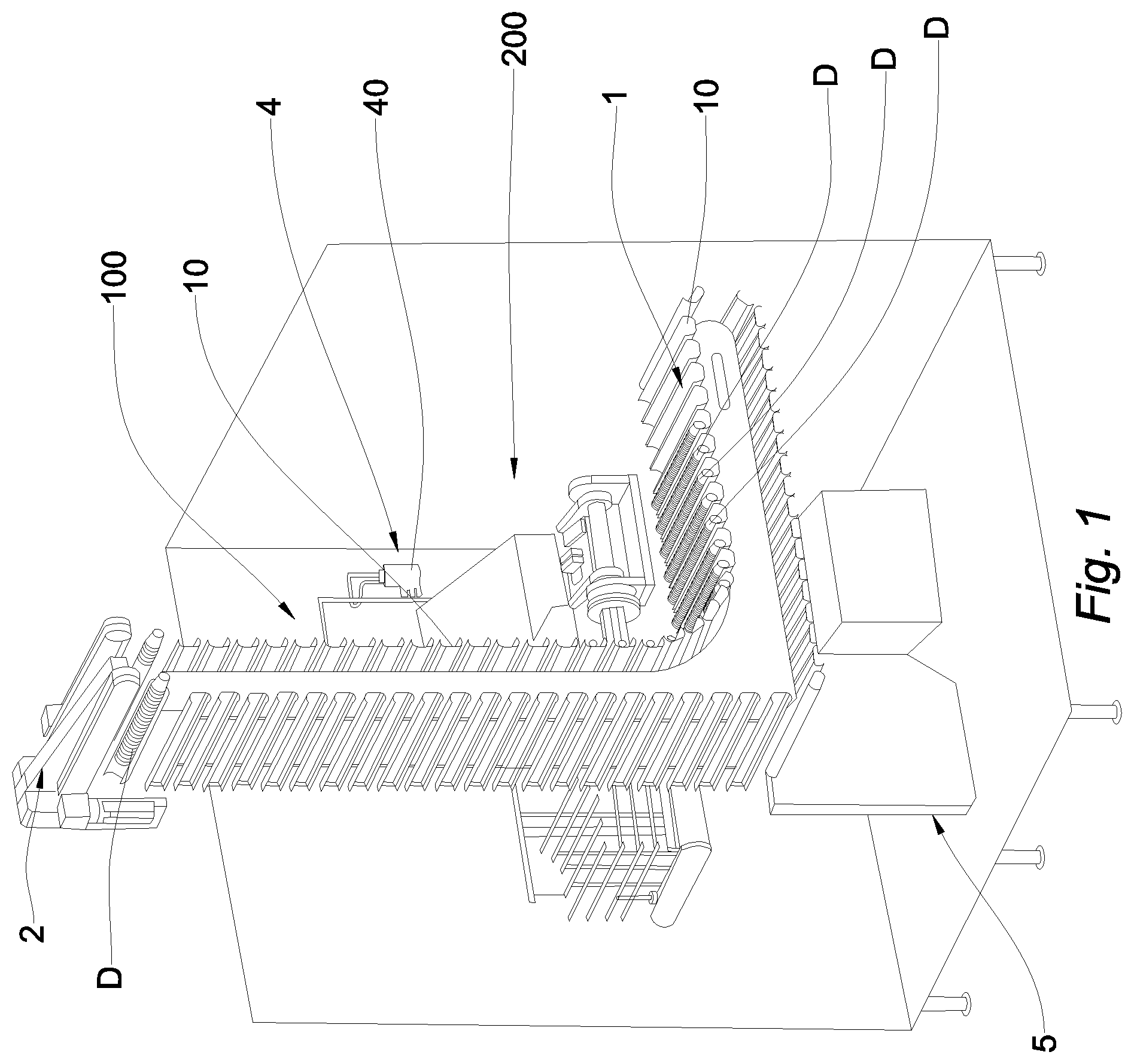 Patent US12304748 Figure 1 – Grouping device and method for grouping discrete rows of articles into a continuous row of articles