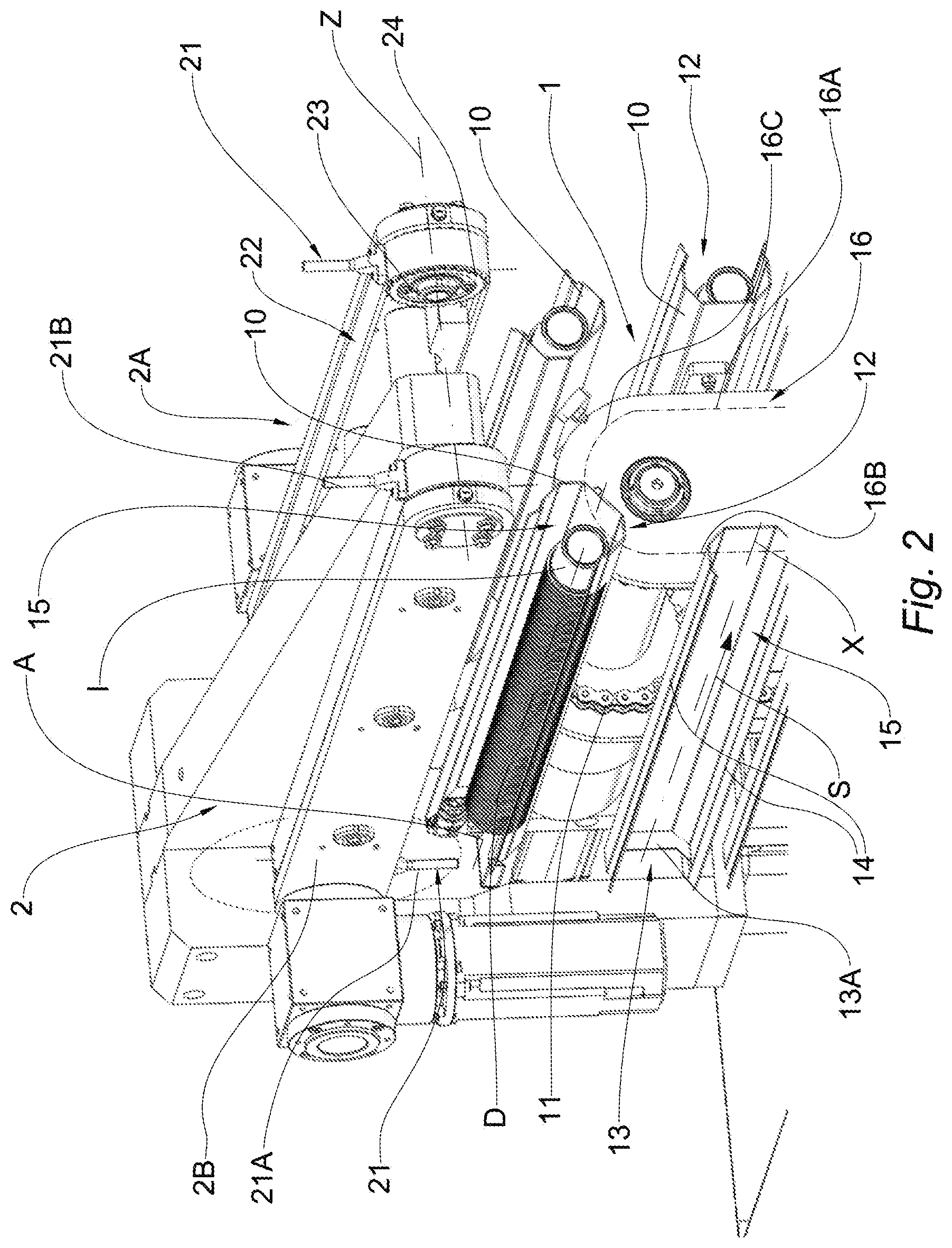 Patent US12304748 Figure 2 – Grouping device and method for grouping discrete rows of articles into a continuous row of articles