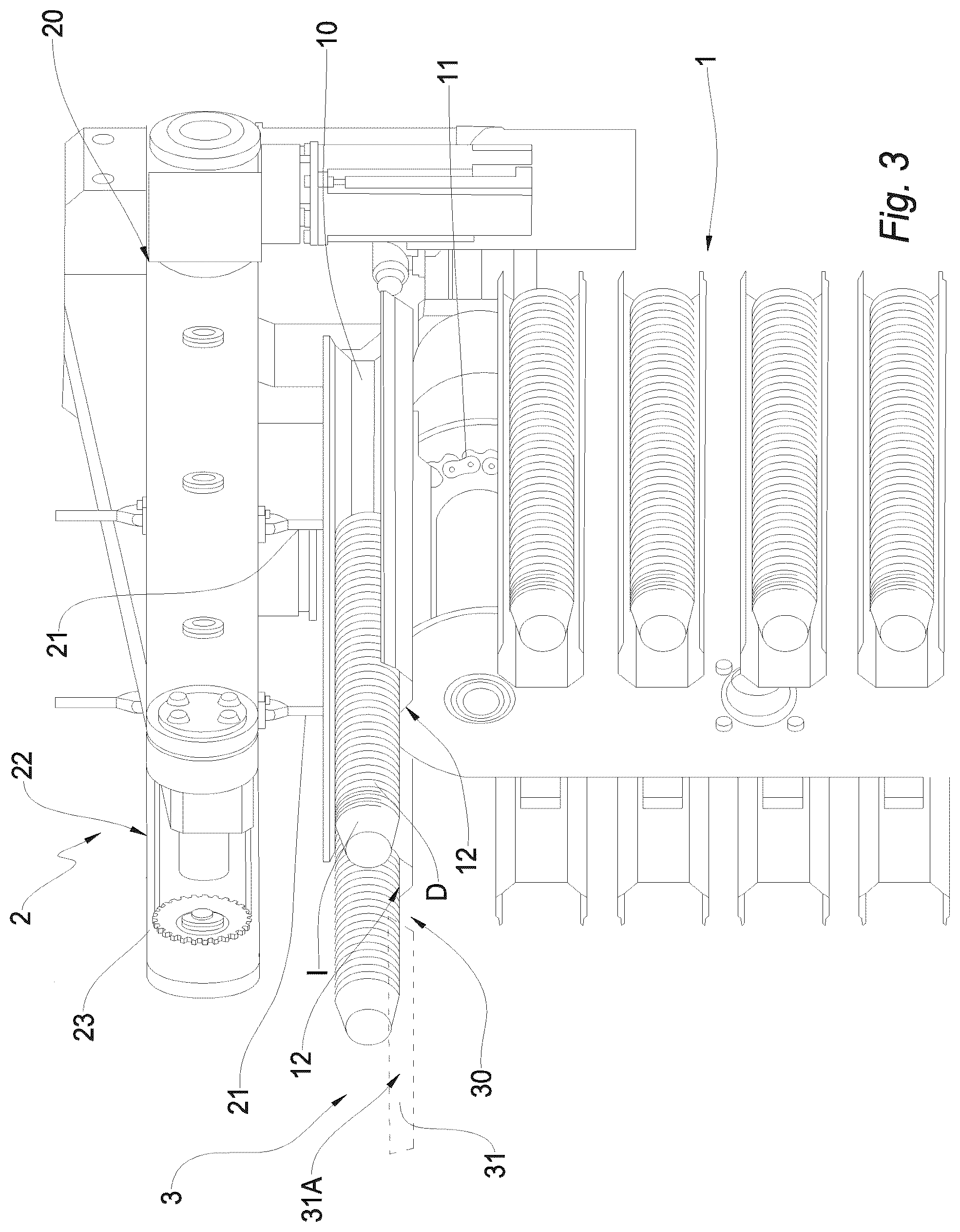 Patent US12304748 Figure 3 – Grouping device and method for grouping discrete rows of articles into a continuous row of articles