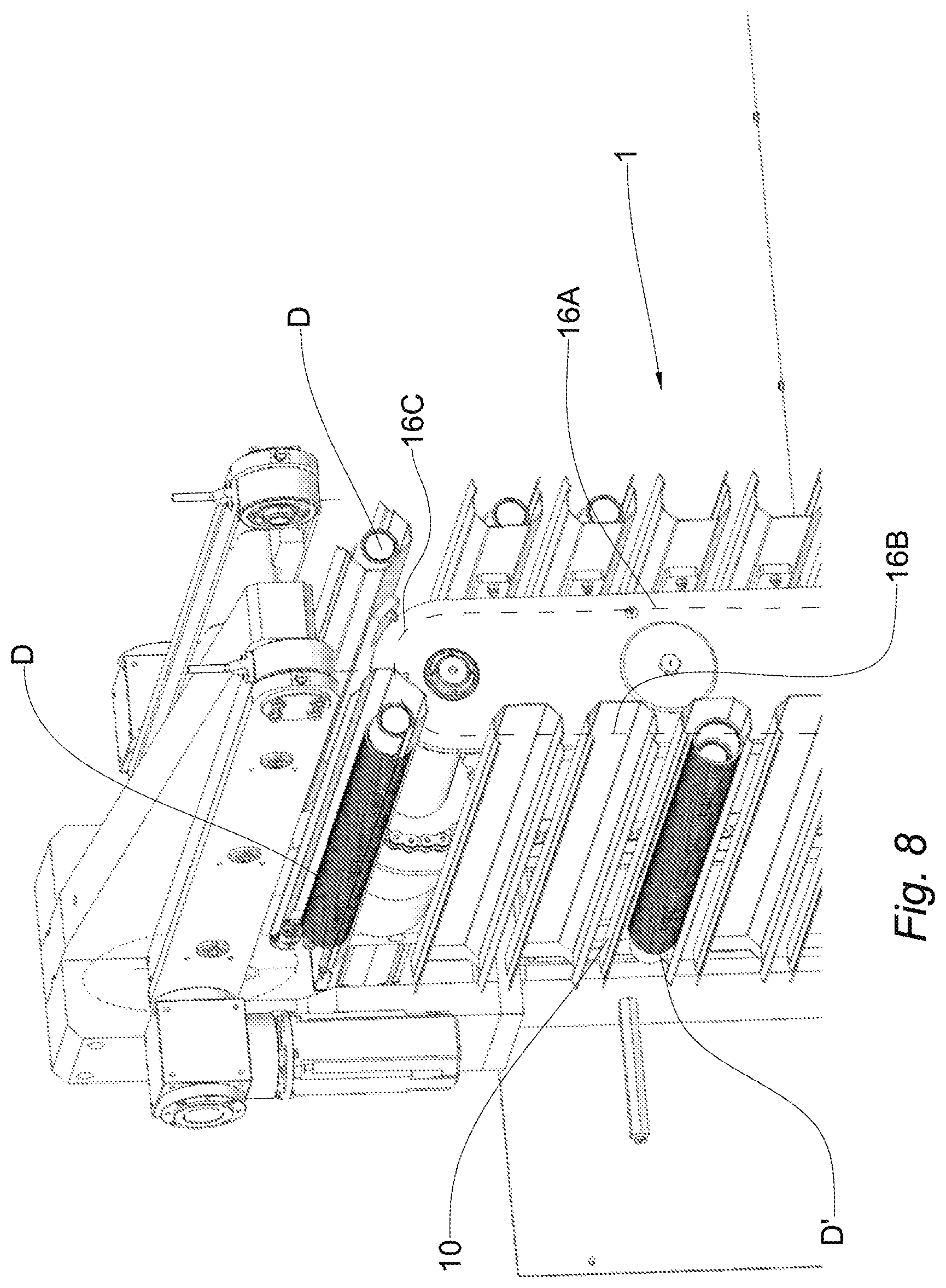 Patent US12304748 Figure 8 – Grouping device and method for grouping discrete rows of articles into a continuous row of articles