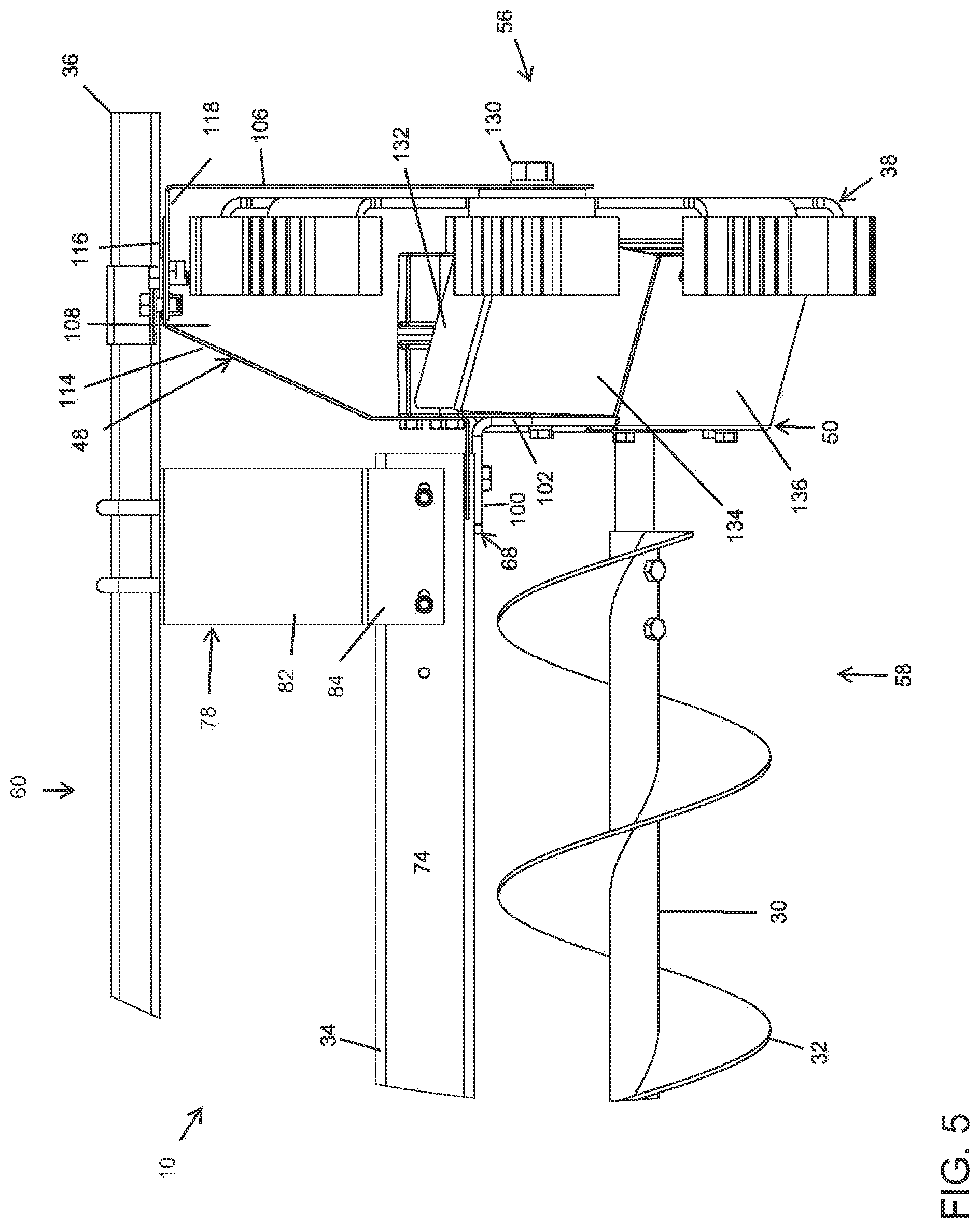 Patent US12304757 Figure 5 – Sweep auger drive shield with gravity reclaim