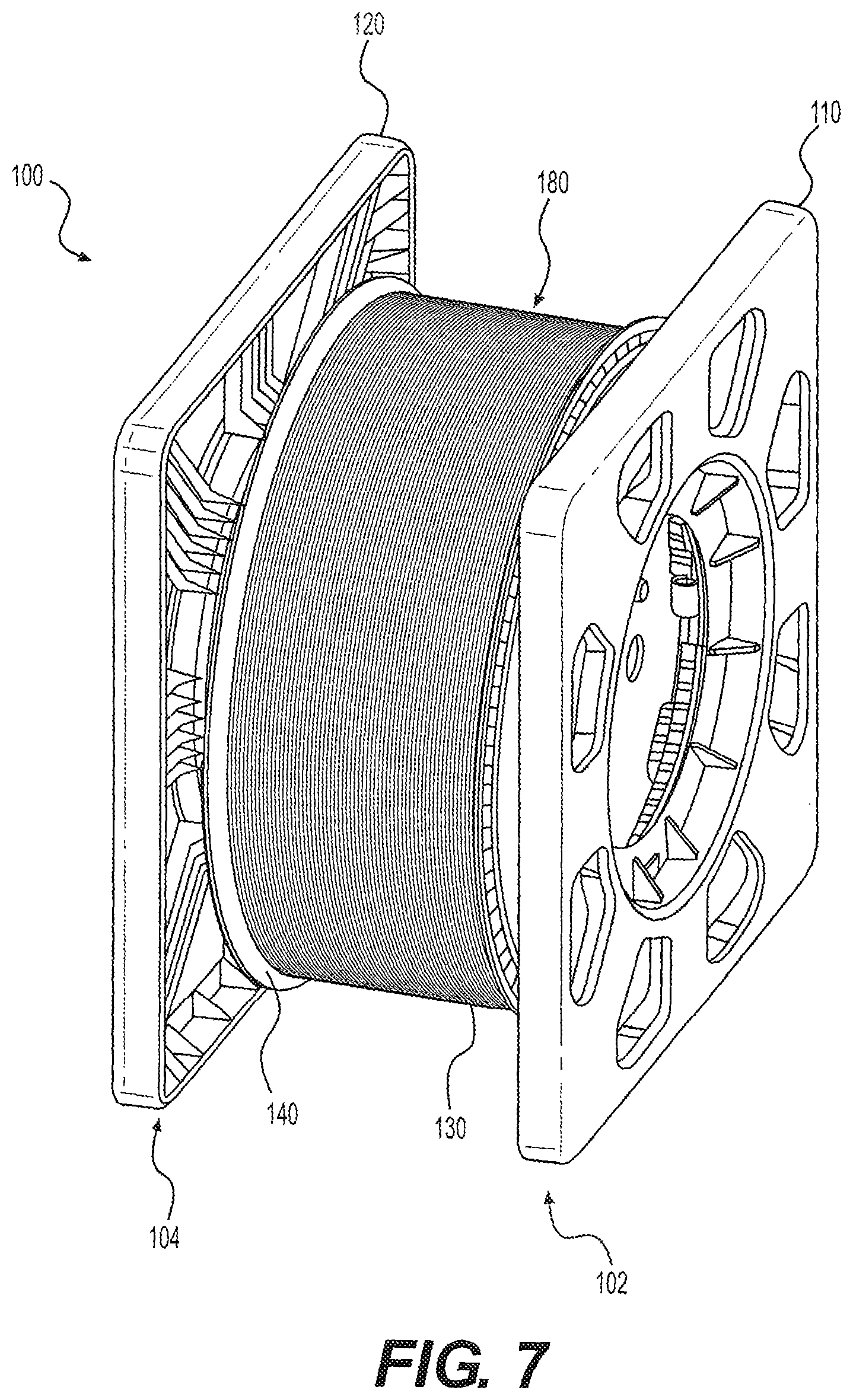 Patent US12304766 Figure 7 – Reusable reel holder and bag with reusable reel holder