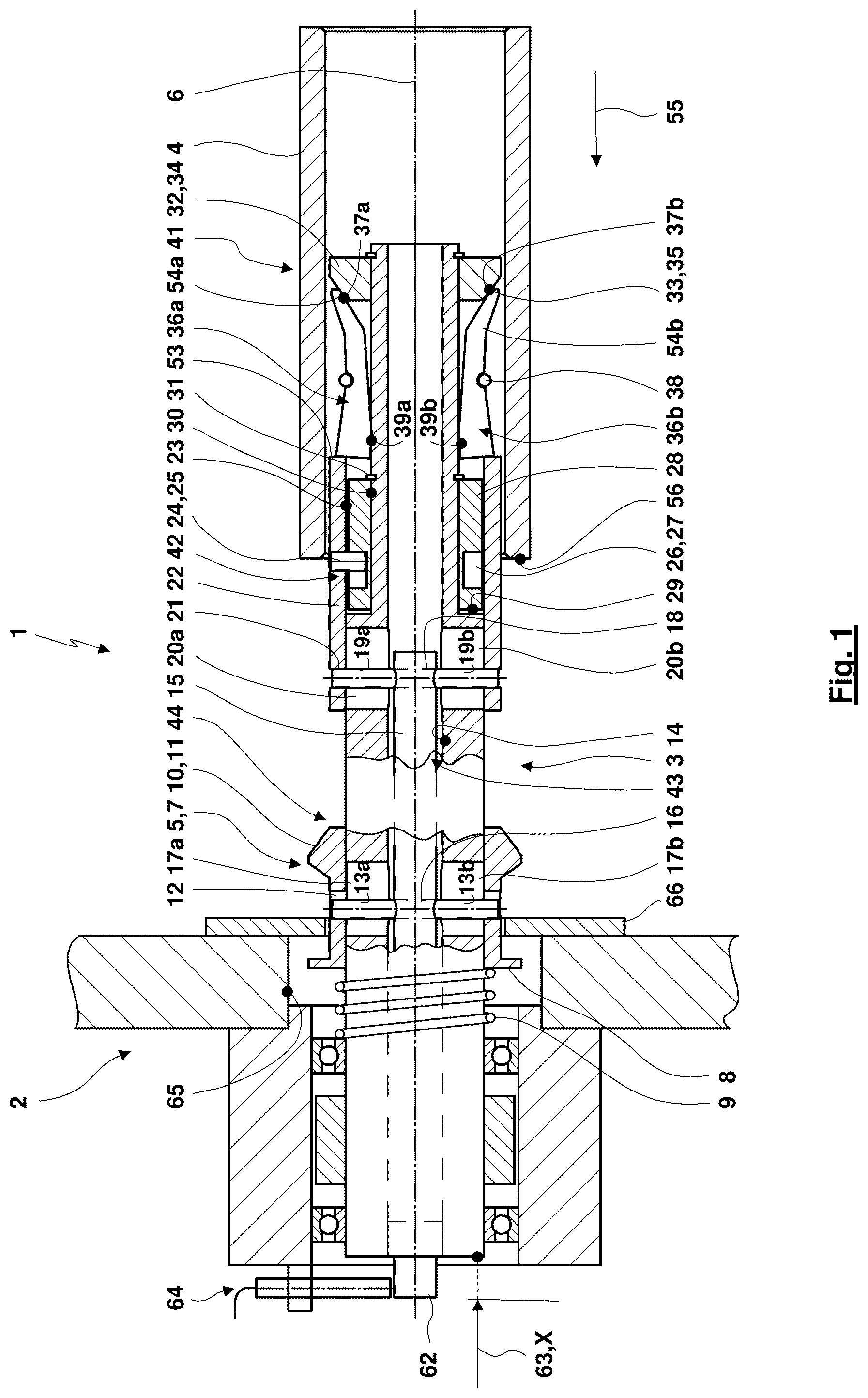 Patent US12304769 — Winding machine fixing mechanism, winding machine and method for coupling and/or decoupling a winding sleeve to or from a winding spindle of a winding machine — Figure 1