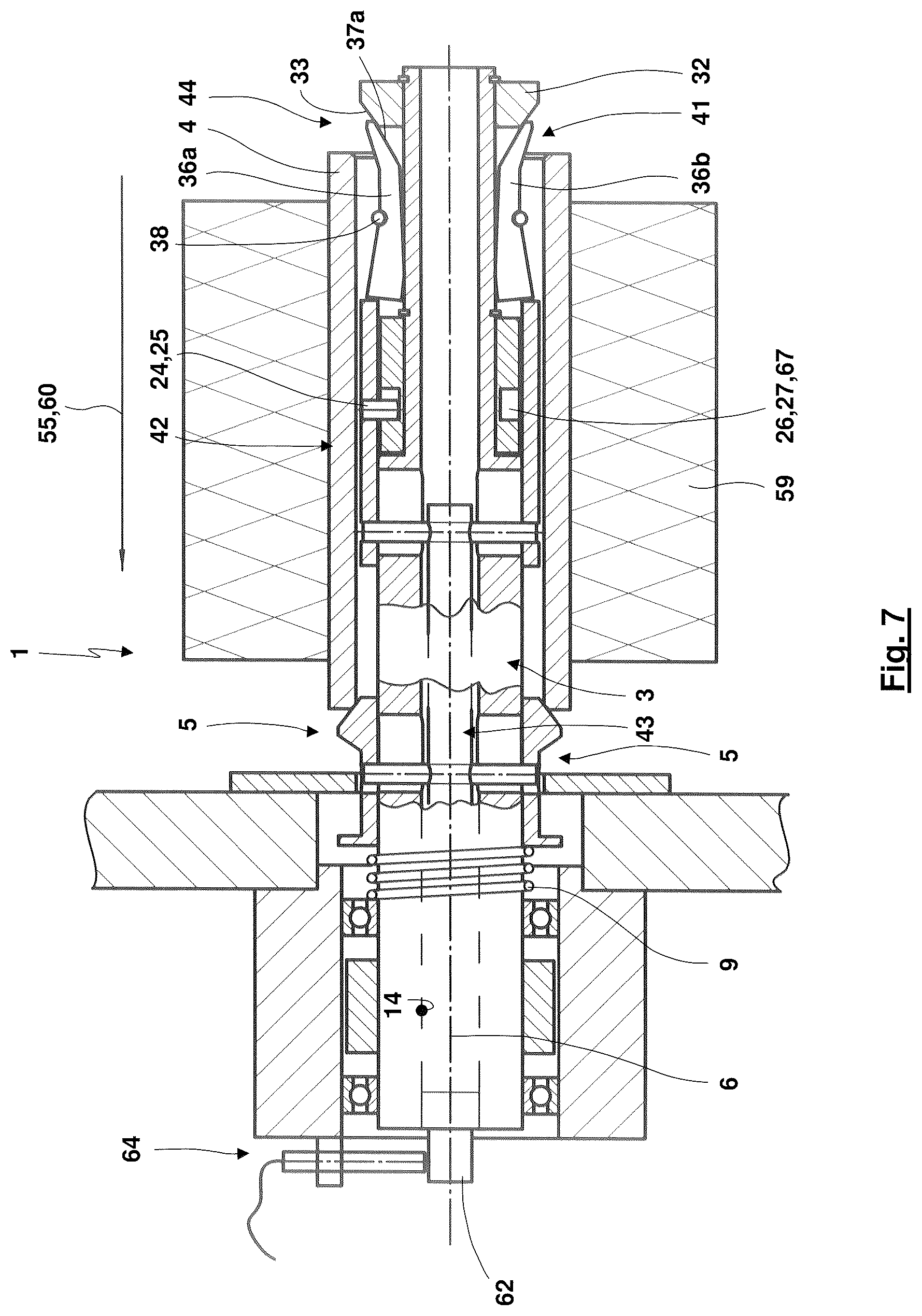 Patent US12304769 Figure 7 – Winding machine fixing mechanism, winding machine and method for coupling and/or decoupling a winding sleeve to or from a winding spindle of a winding machine