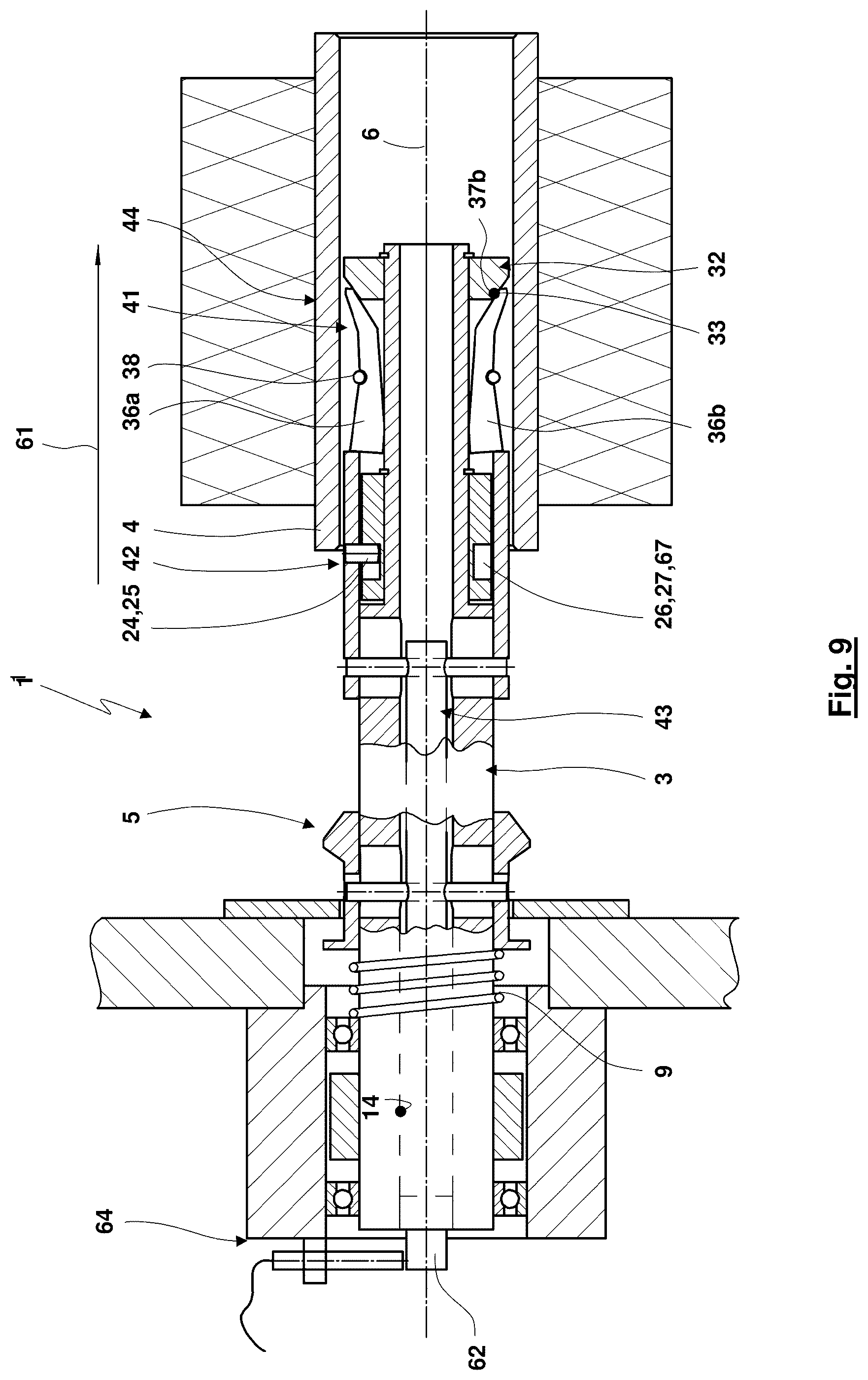 Patent US12304769 Figure 9 – Winding machine fixing mechanism, winding machine and method for coupling and/or decoupling a winding sleeve to or from a winding spindle of a winding machine