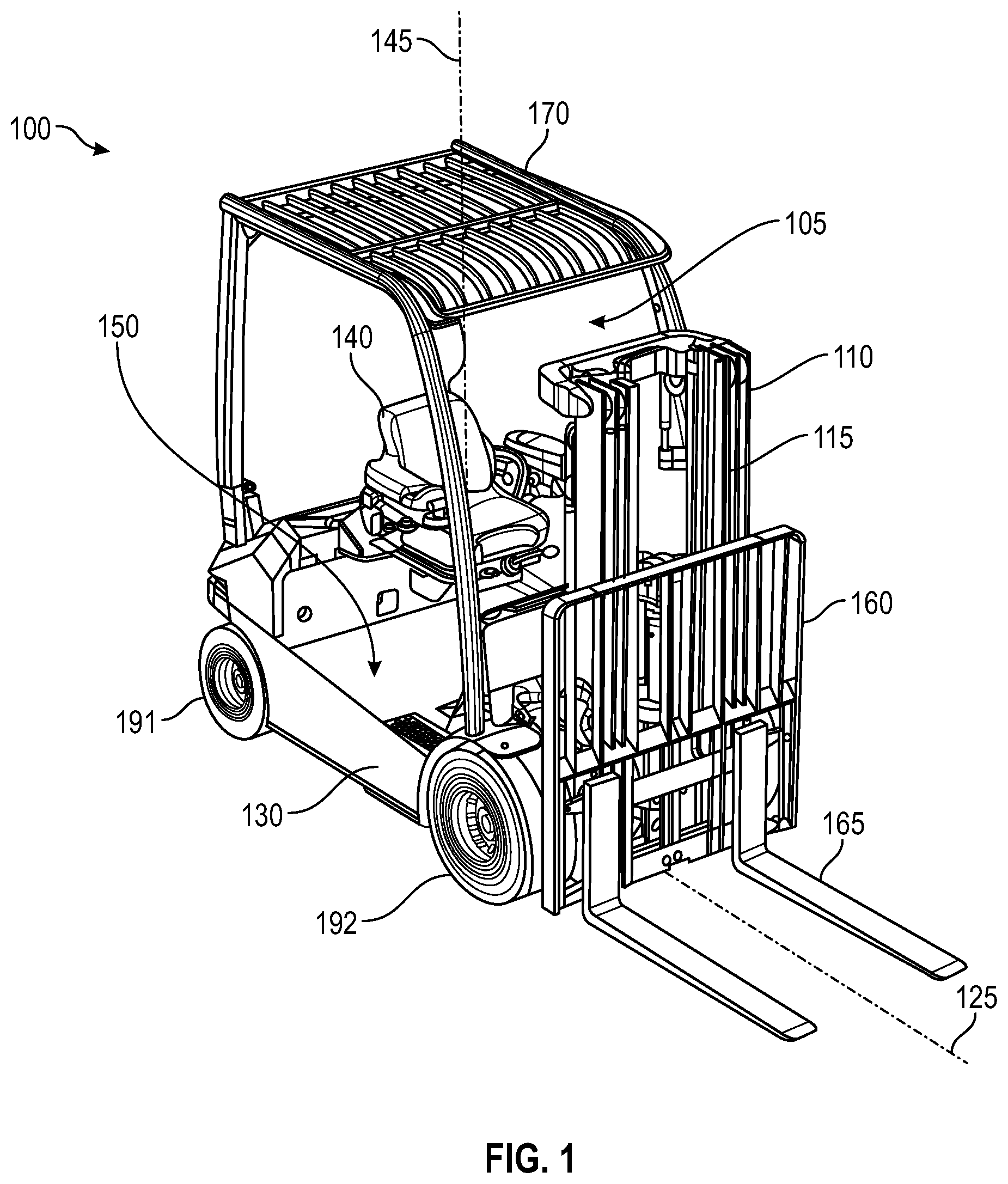 Patent US12304789 Figure 1 – Lift truck having advantageous design elements