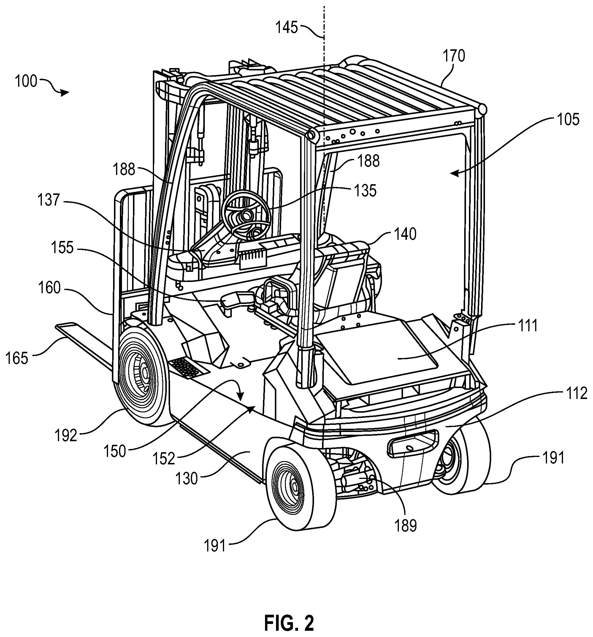 Patent US12304789 Figure 2 – Lift truck having advantageous design elements