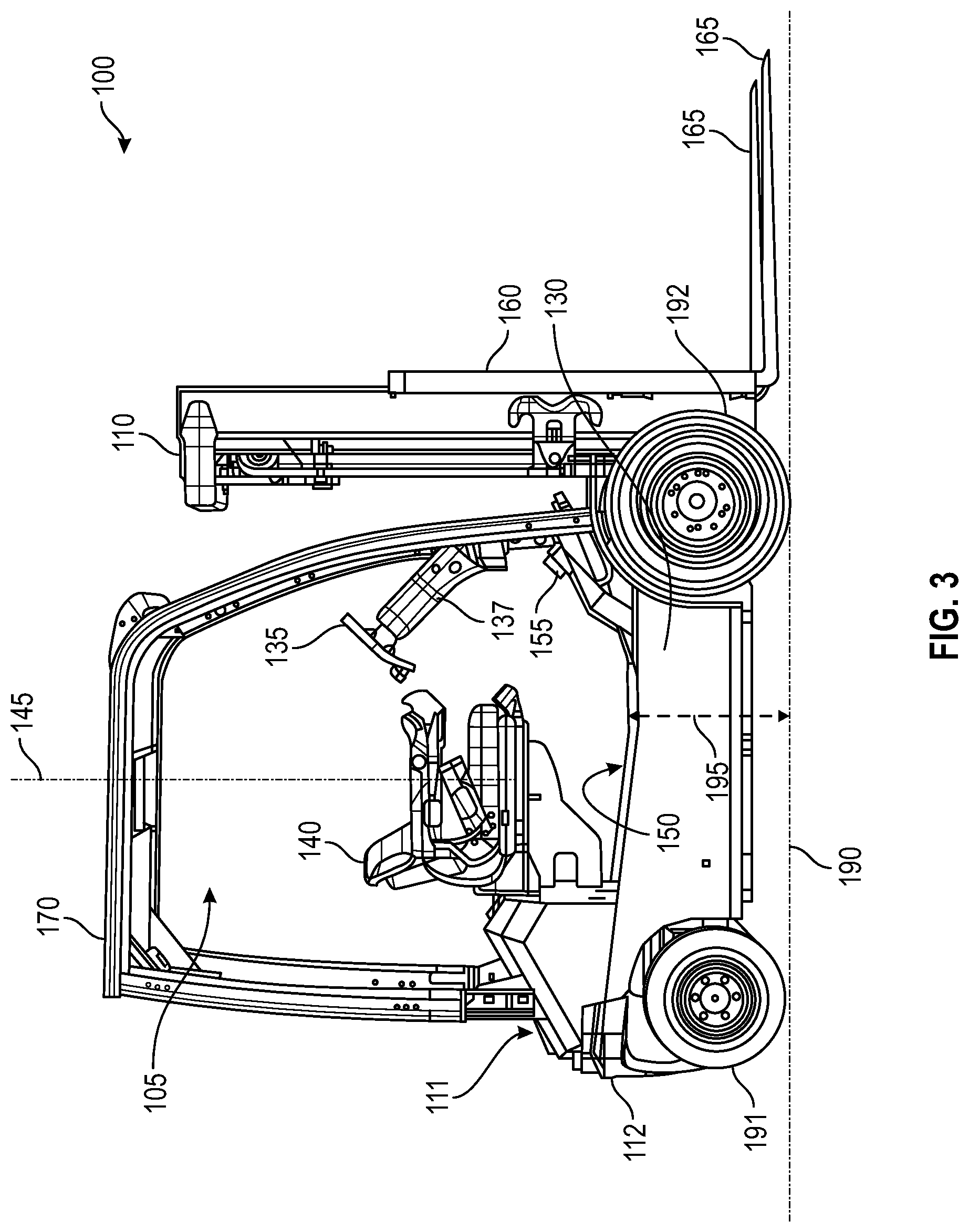 Patent US12304789 Figure 3 – Lift truck having advantageous design elements