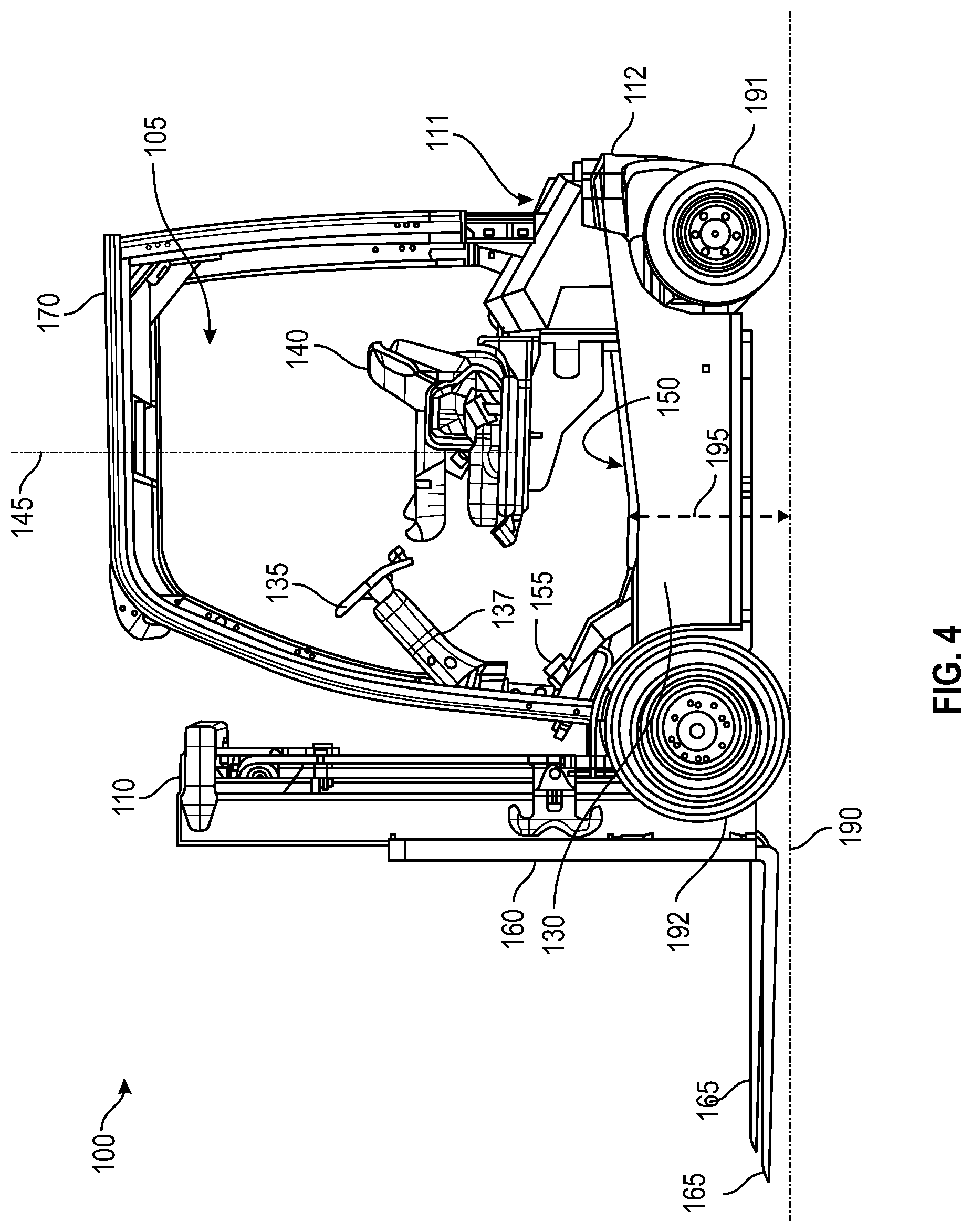 Patent US12304789 Figure 4 – Lift truck having advantageous design elements