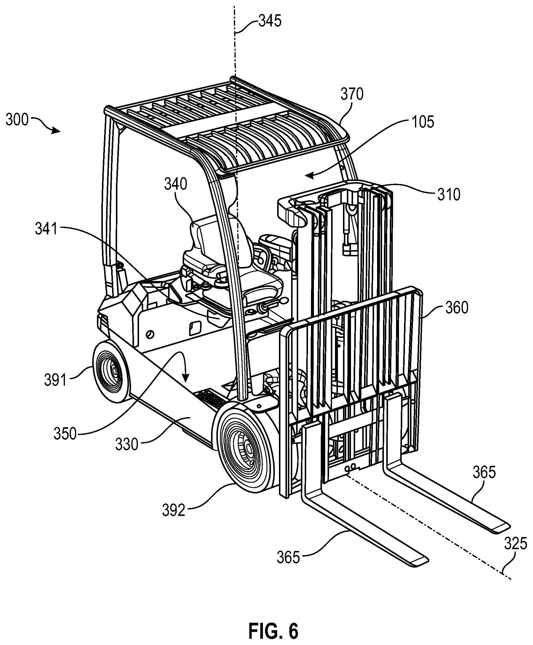Patent US12304789 Figure 6 – Lift truck having advantageous design elements