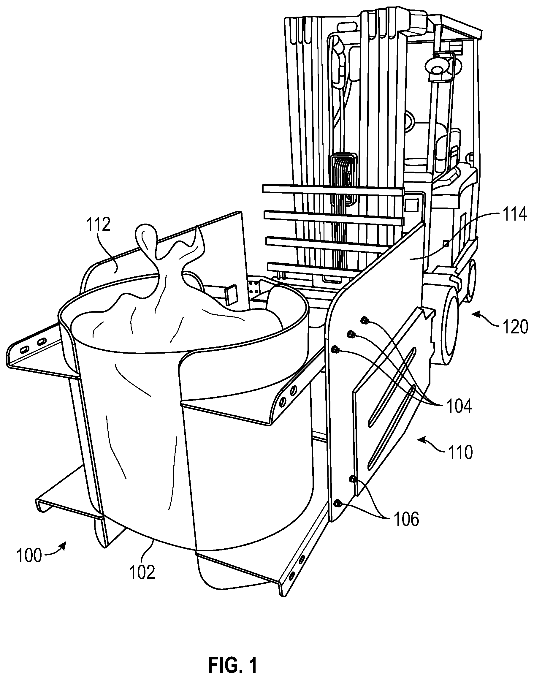 Patent US12304790 — Clamp adapter for lift vehicle to facilitate lifting of malleable objects — Figure 1