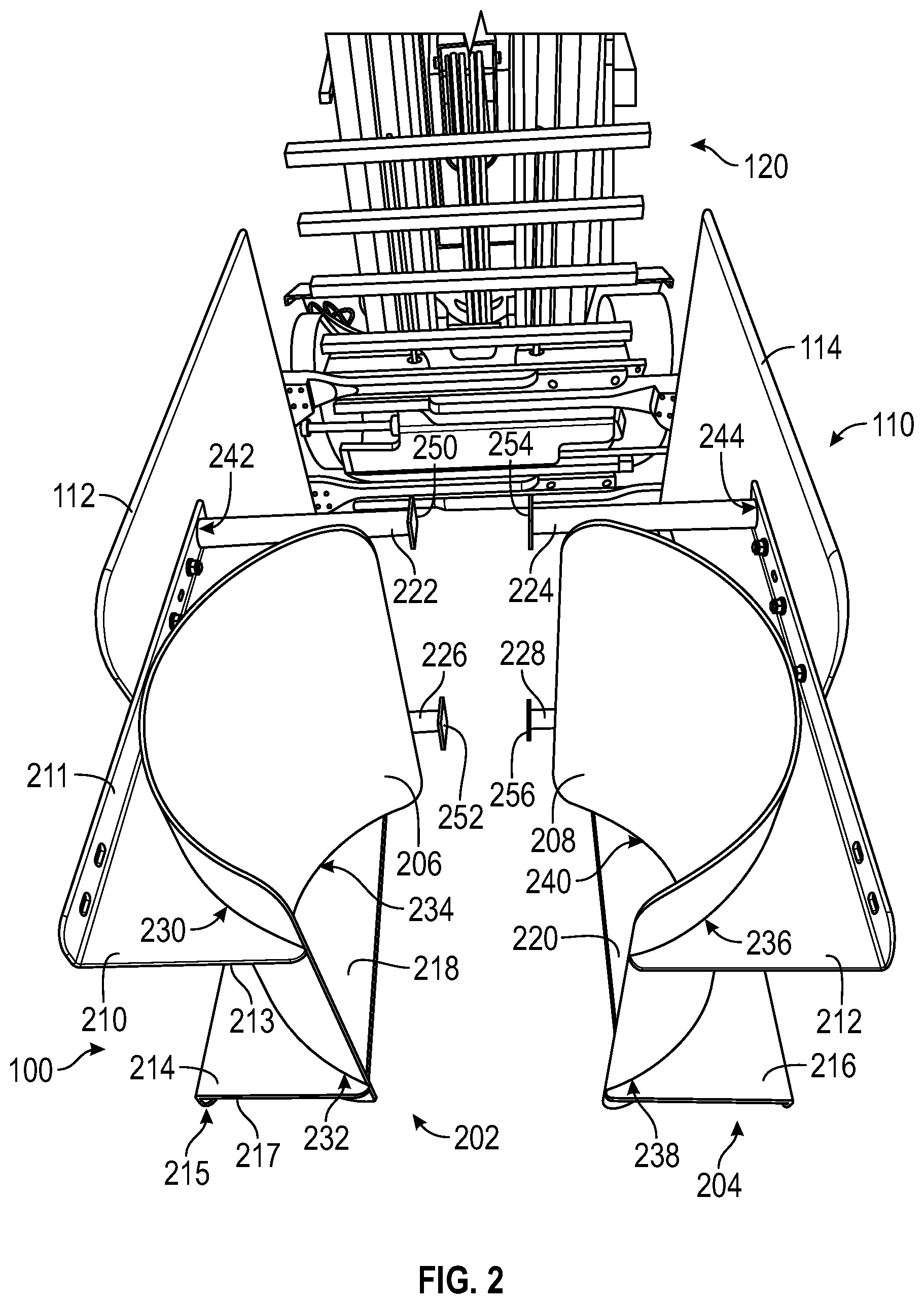 Patent US12304790 Figure 2 – Clamp adapter for lift vehicle to facilitate lifting of malleable objects