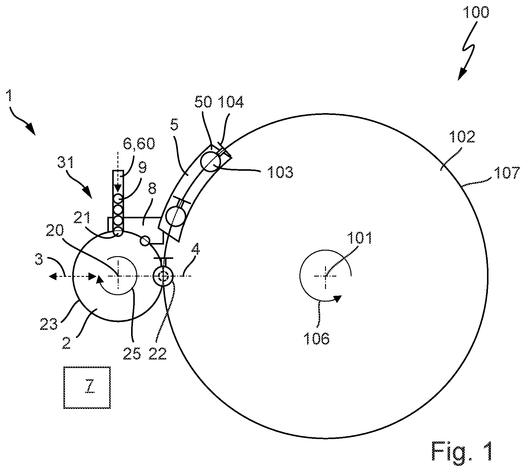 Patent US12304791 Figure 1 – Device for supplying a container closure, and closing device