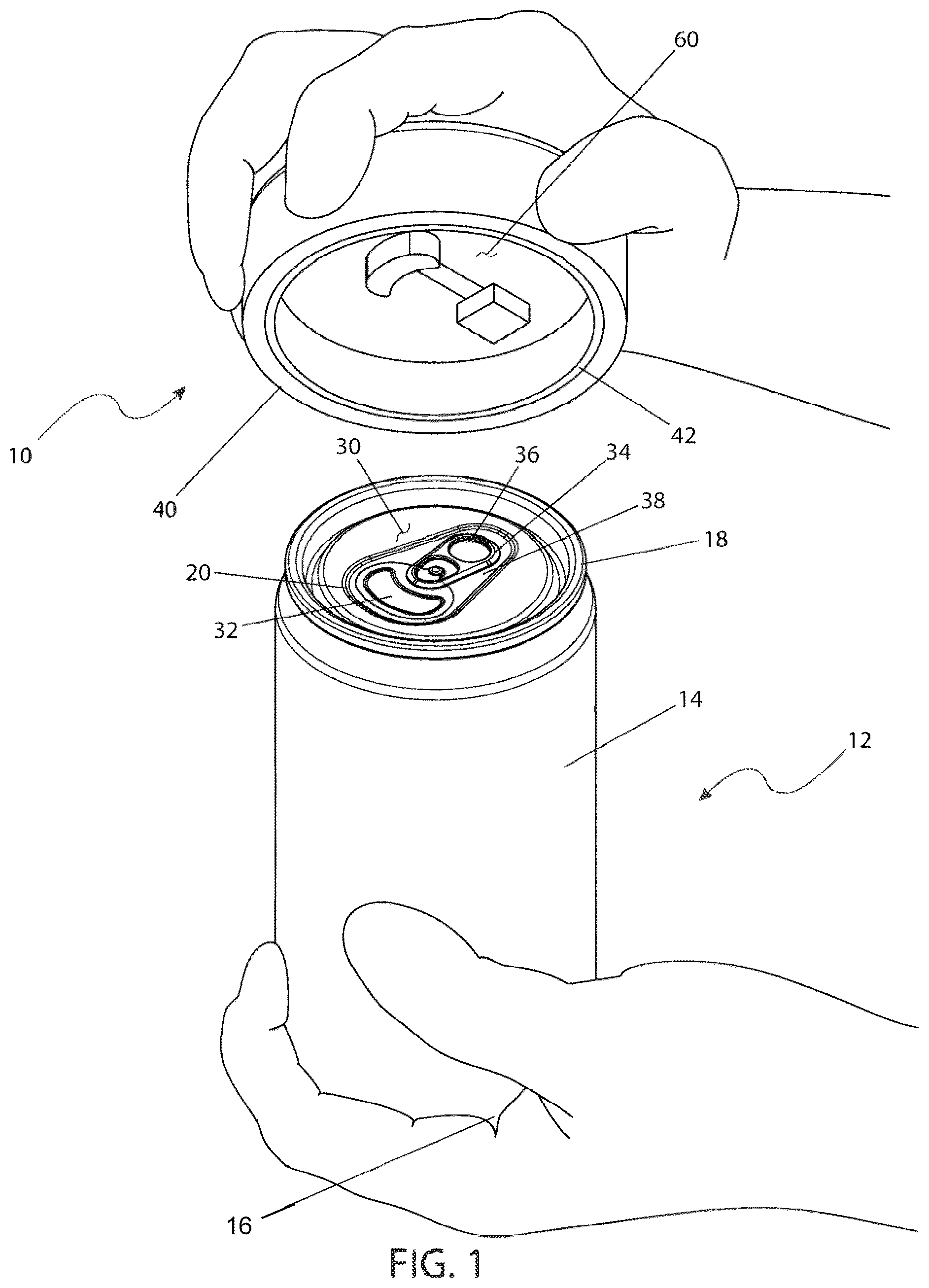 Patent US12304792 Figure 1 – Beverage container cover and opener