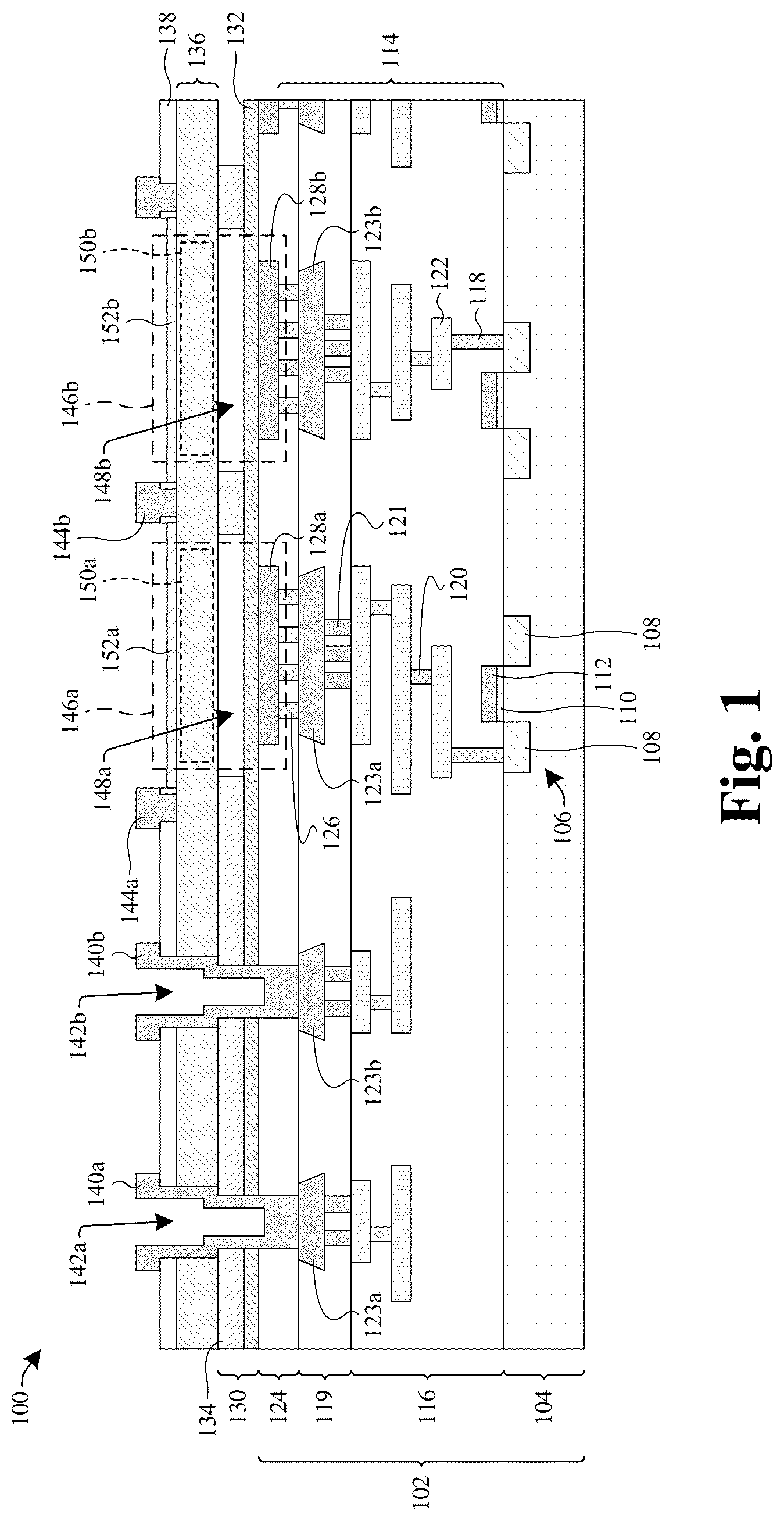 Patent US12304807 Figure 1 – Semiconductor device comprising different types of microelectromechanical systems devices