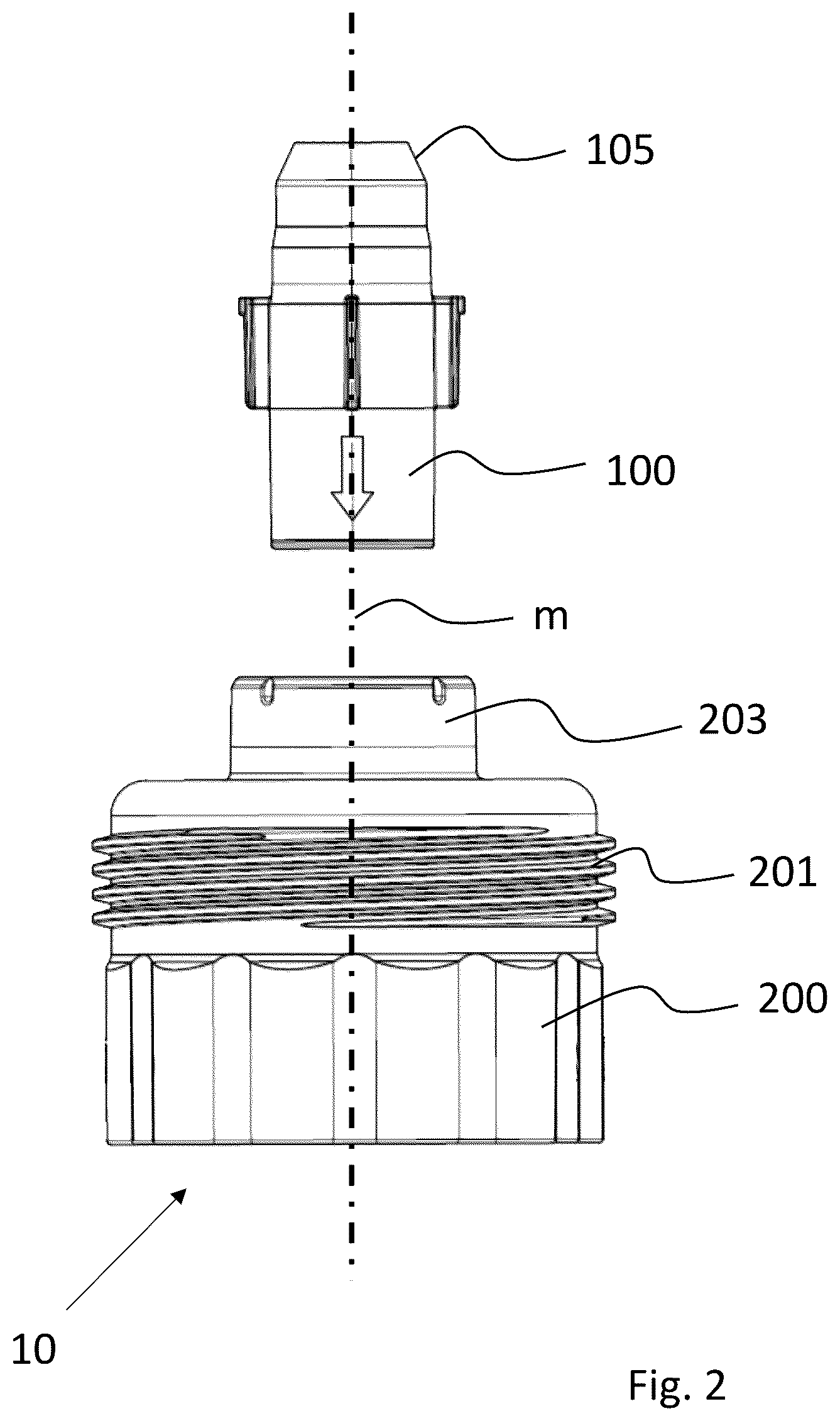 Patent US12304840 Figure 3 – Cartridge, in particular sanitizing cartridge, and system for sanitizing a drinking-water device, and method for sanitizing said device