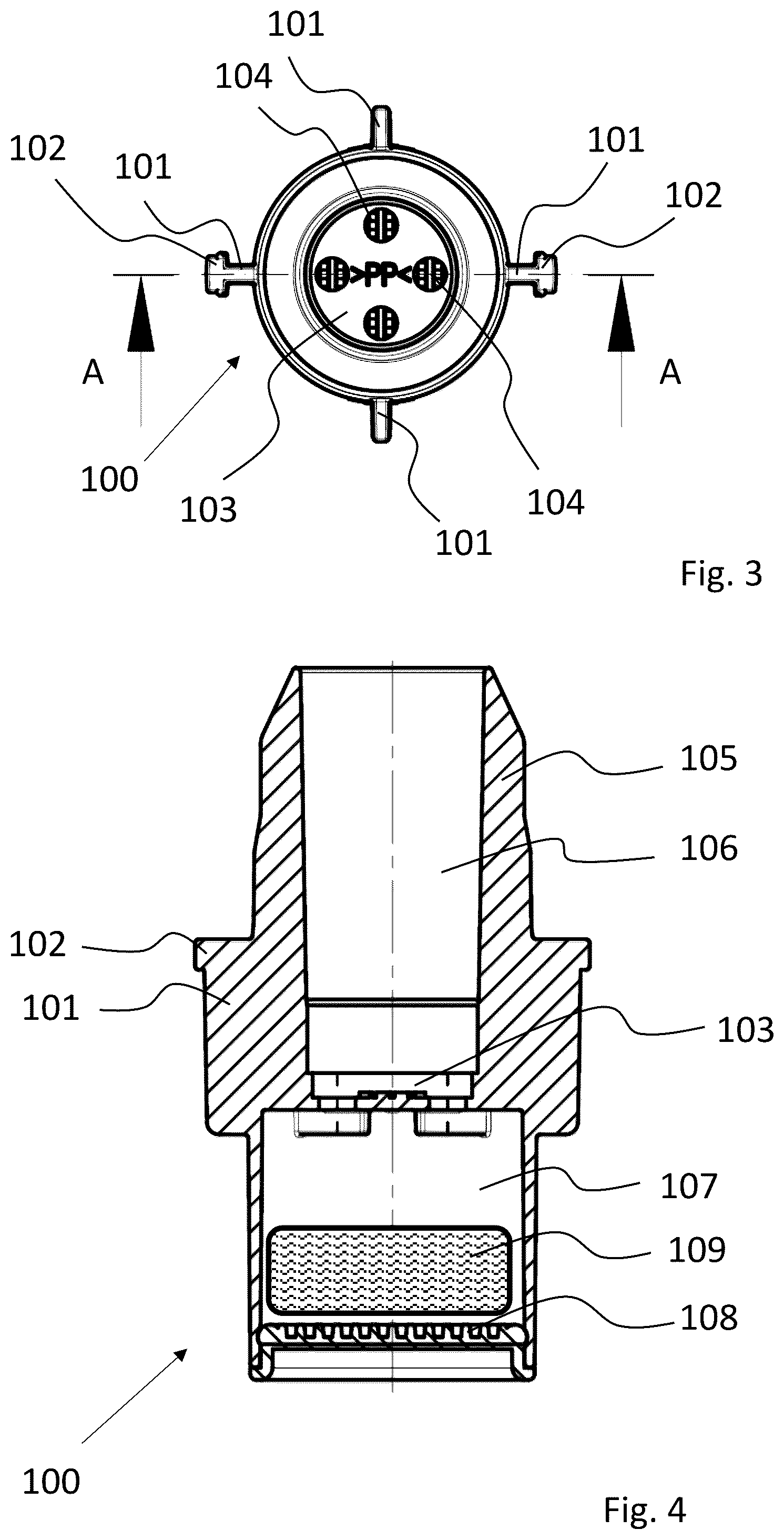 Patent US12304840 Figure 4 – Cartridge, in particular sanitizing cartridge, and system for sanitizing a drinking-water device, and method for sanitizing said device