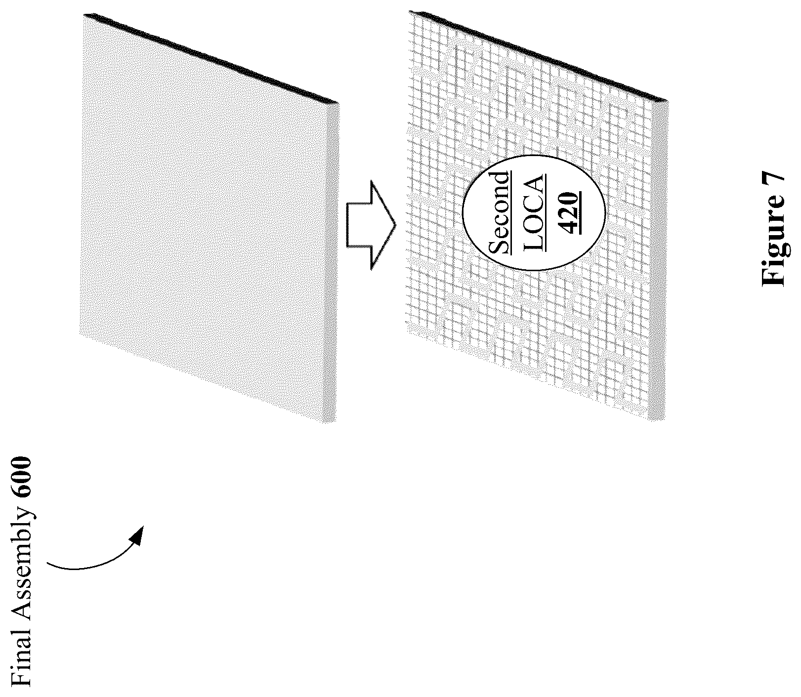 Patent US12305086 Figure 7 – Assembly process using liquid optically clear adhesive for support of thin components