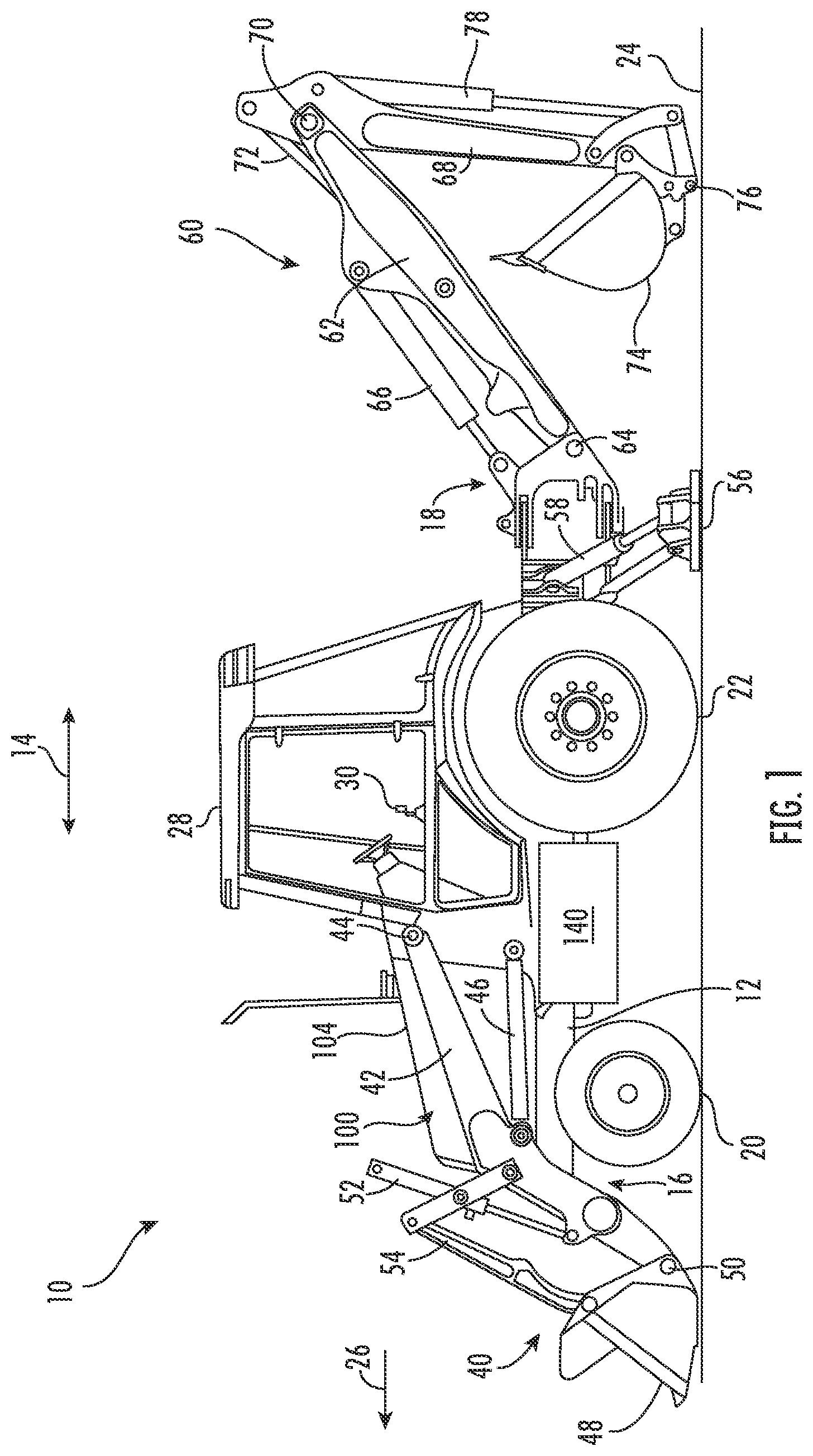 Patent US12305360 Figure 1 – Electric drivetrain and component storage configurations for an electric work vehicle
