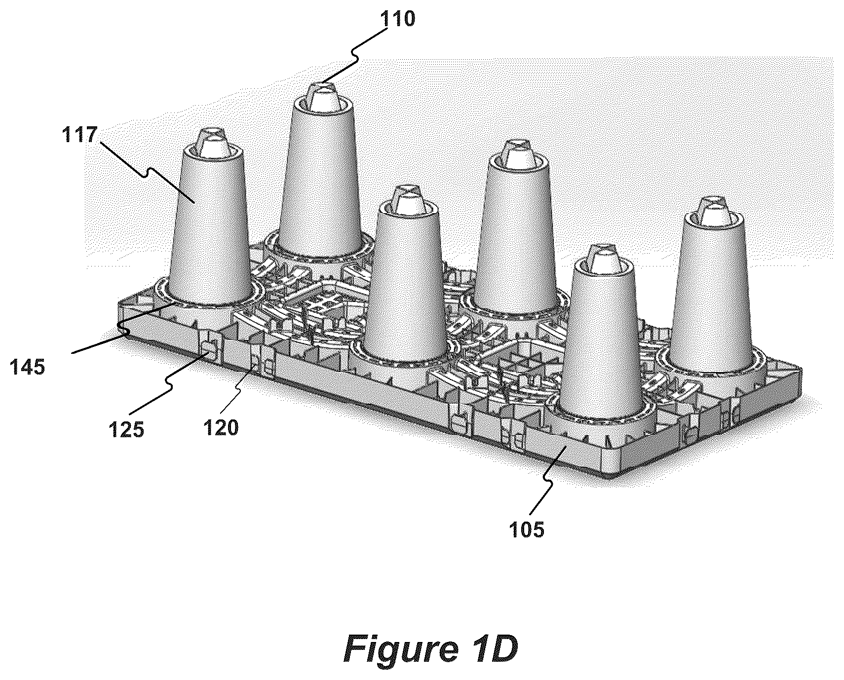 Patent US12305380 Figure 4 – Stormwater management crate assembly with tapered columns and arched side panels