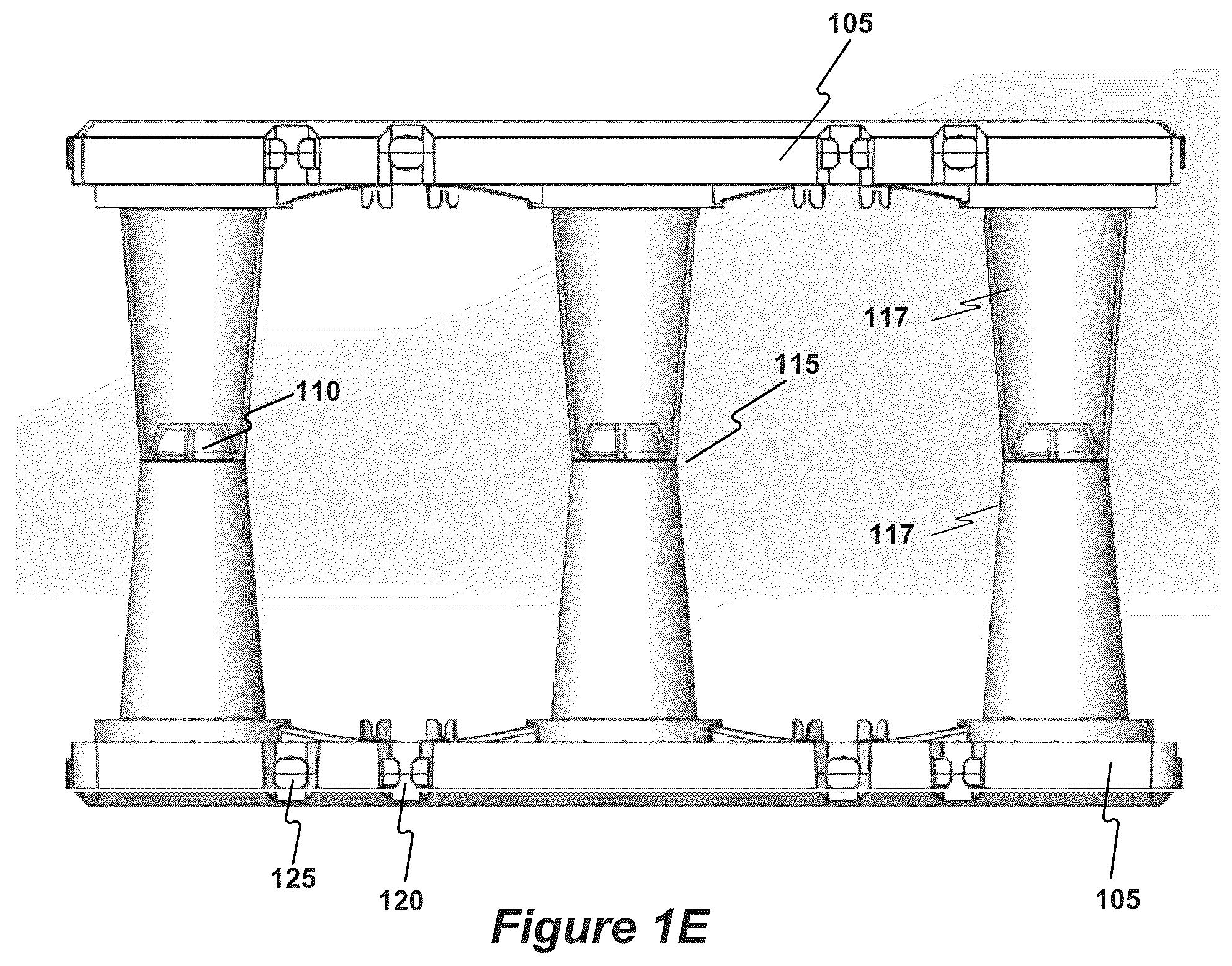 Patent US12305380 Figure 5 – Stormwater management crate assembly with tapered columns and arched side panels