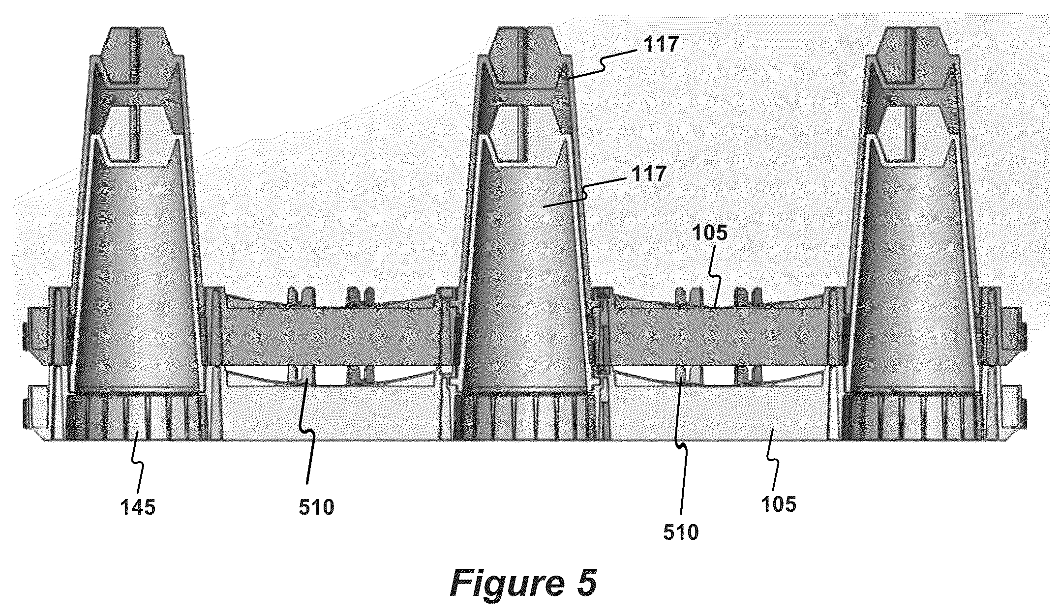 Patent US12305380 Figure 17 – Stormwater management crate assembly with tapered columns and arched side panels