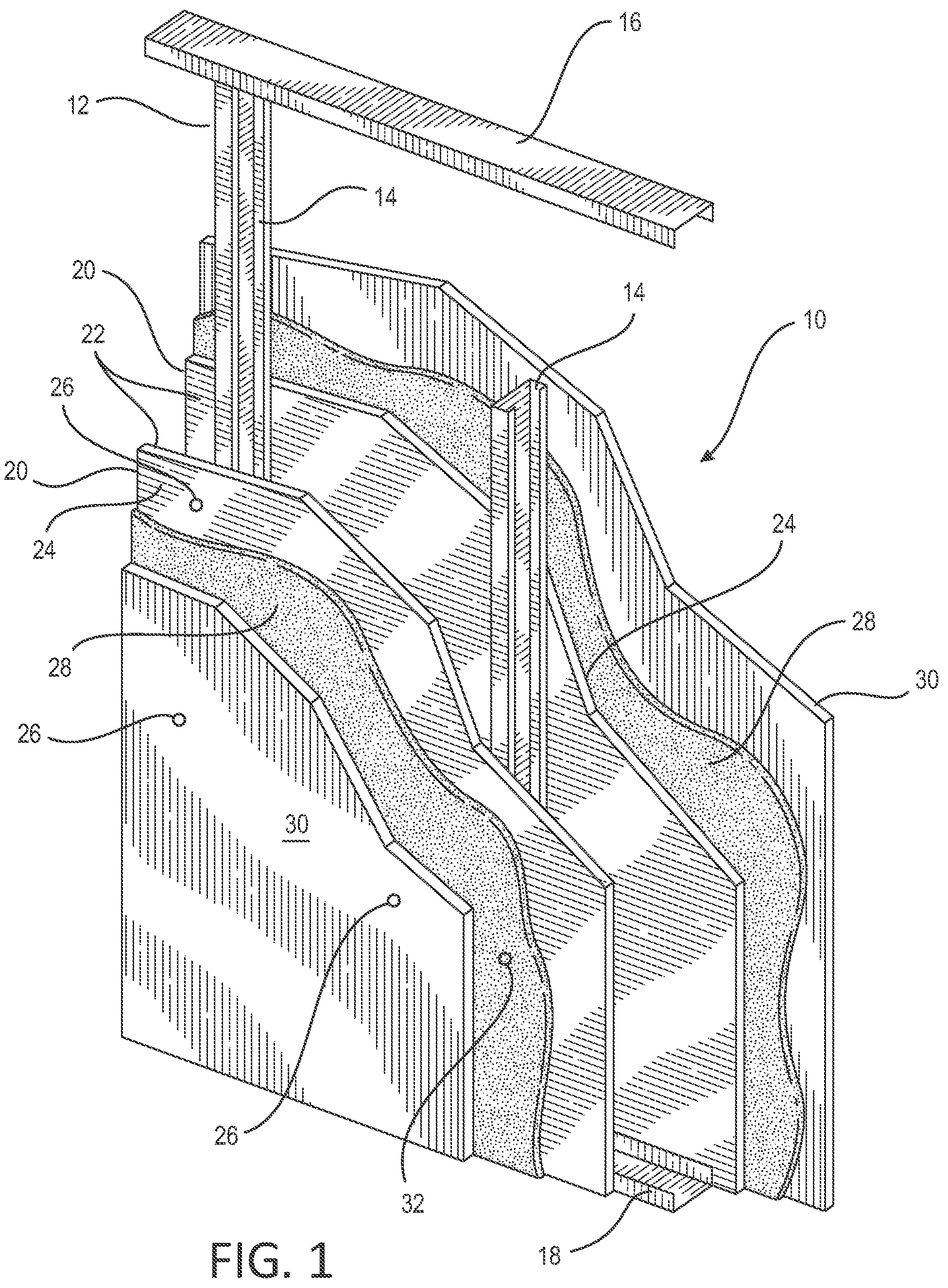 Patent US12305386 Figure 1 – Constrained layer floor and wall damping systems using high-density reinforced cement panels