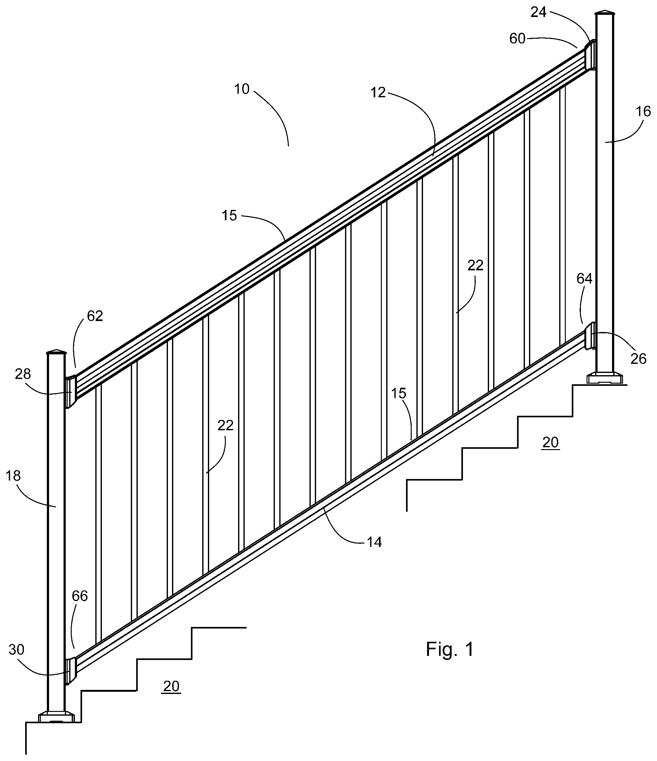 Patent US12305404 Figure 1 – Bracket for stair railings