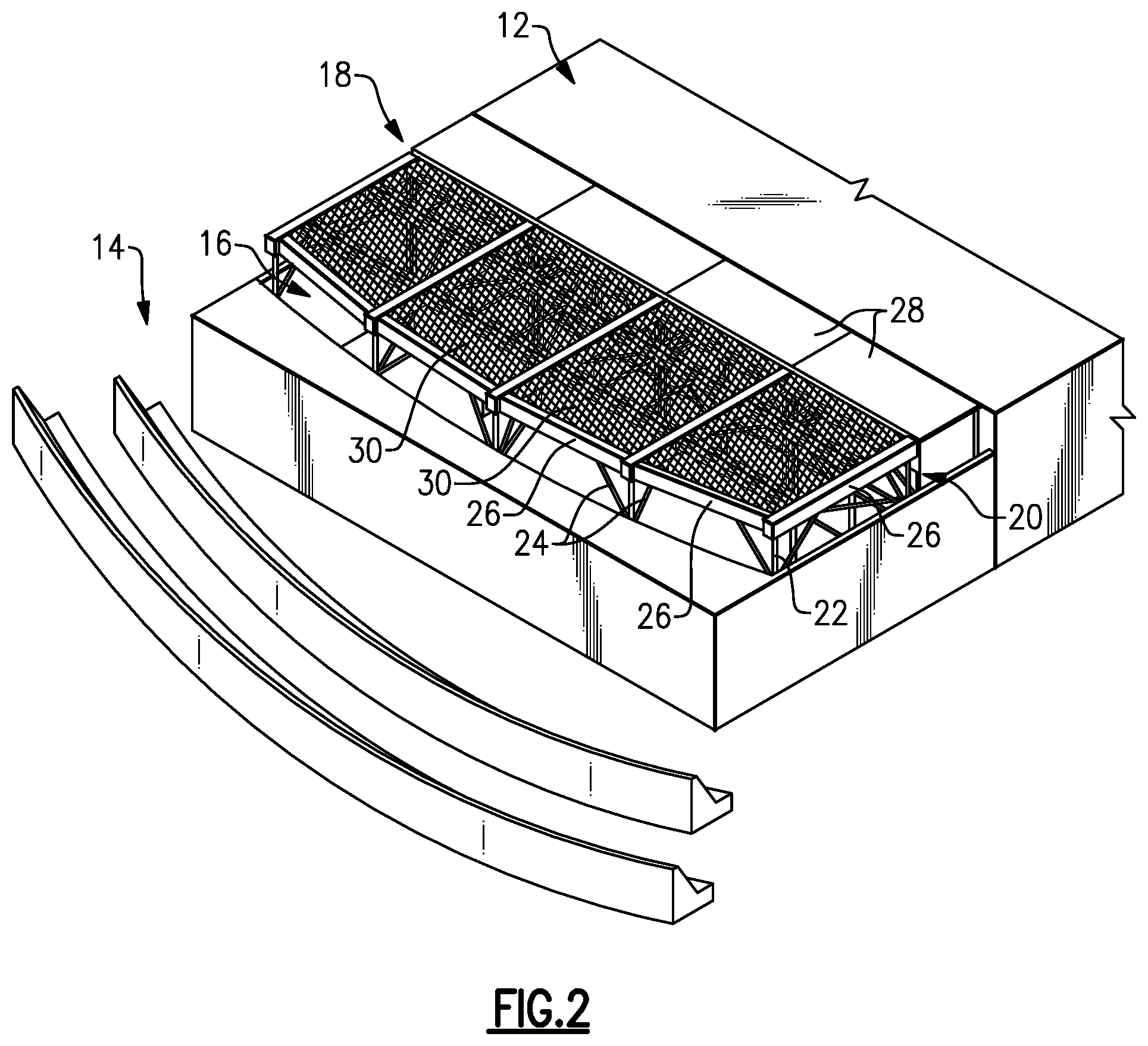 Patent US12305417 Figure 2 – Bracket assembly configured to support beams relative to orchestra pit fillers or stage extensions