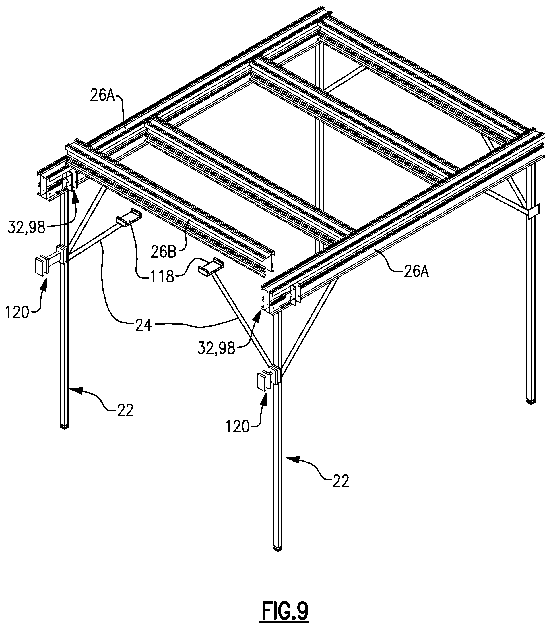 Patent US12305417 Figure 7 – Bracket assembly configured to support beams relative to orchestra pit fillers or stage extensions