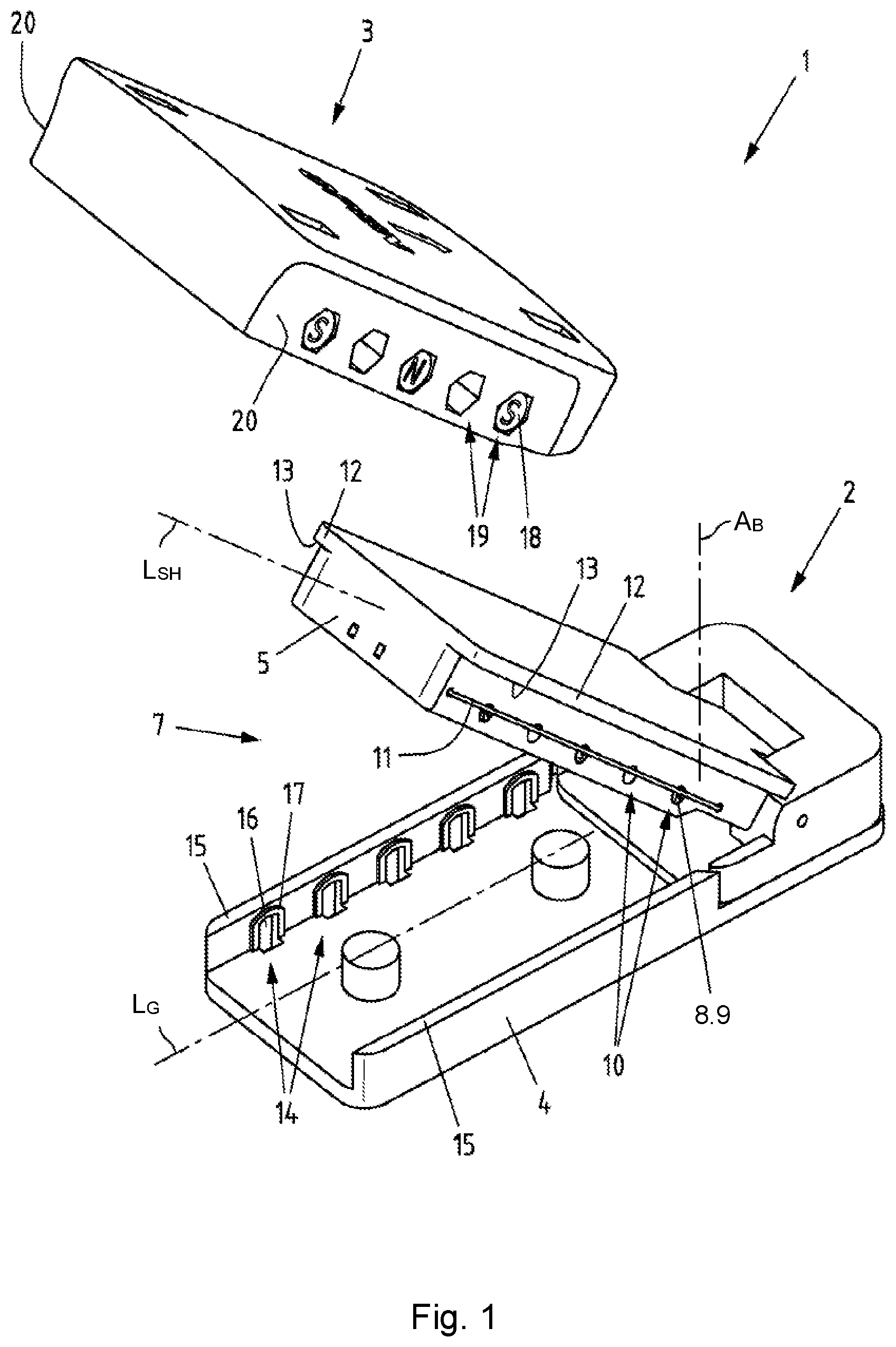 Patent US12305425 Figure 1 – Swivel lever device and system for actuating a closure apparatus of an access control device