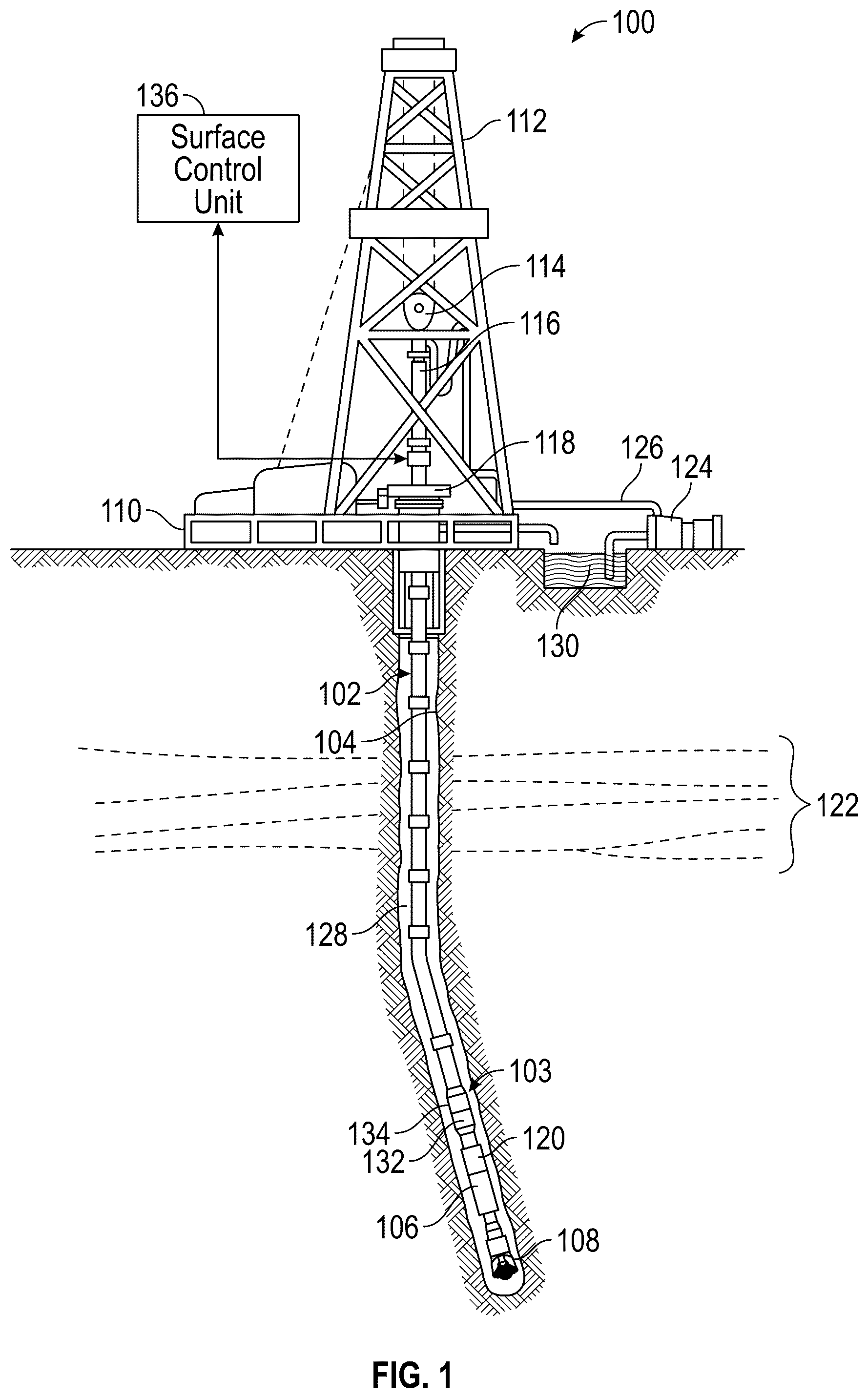 Patent US12305511 Figure 1 – Drilling system with mud motor and annular flow restrictor