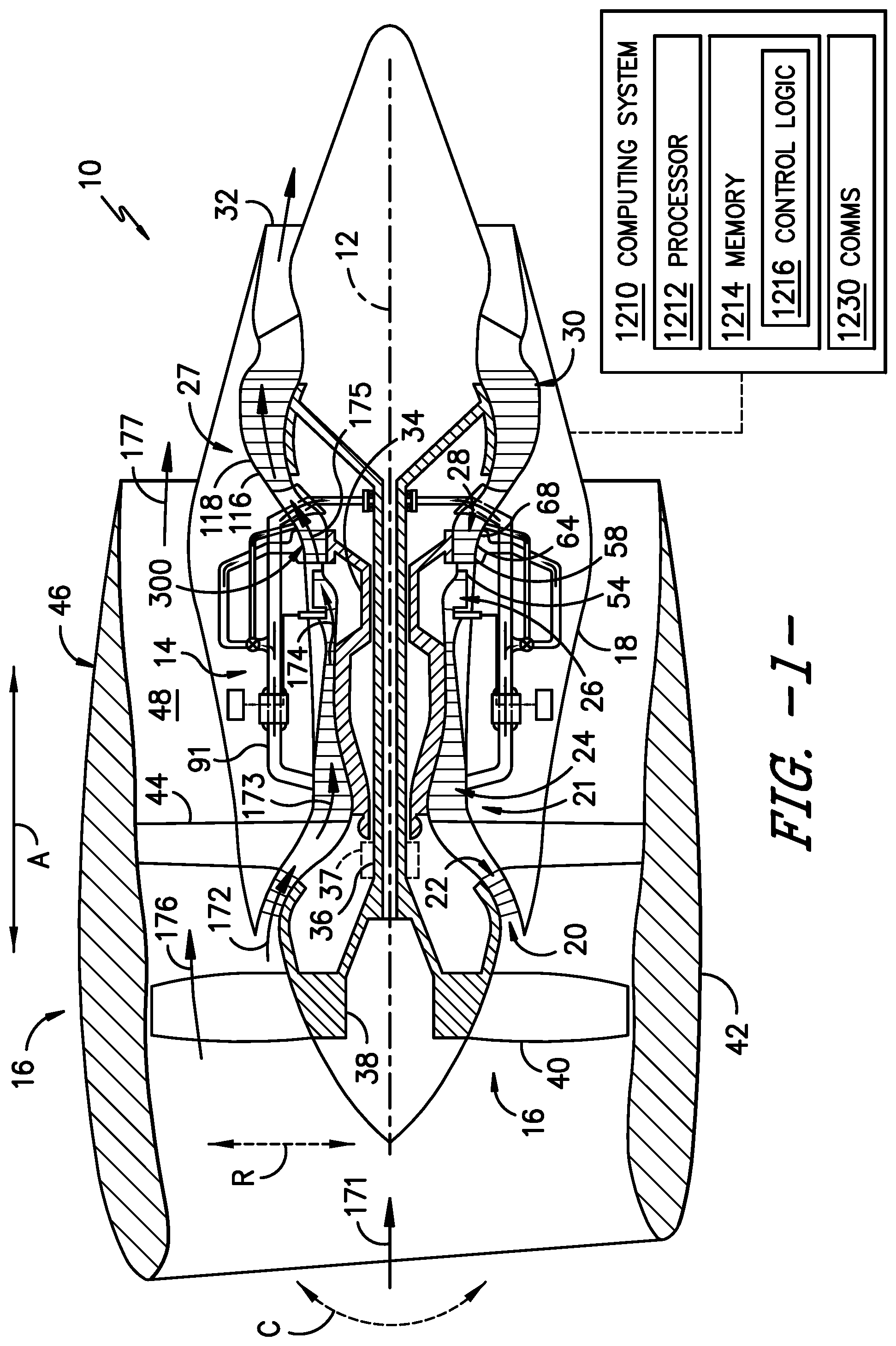 Patent US12305516 Figure 1 – Gas turbine engine with a fluid conduit system and a method of operating the same