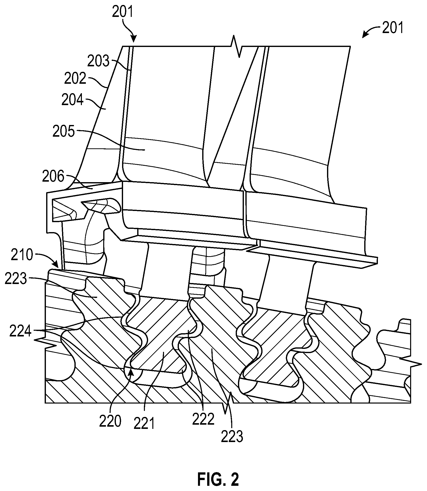 Patent US12305533 Figure 2 – Turbine rotor dovetail structure with splines