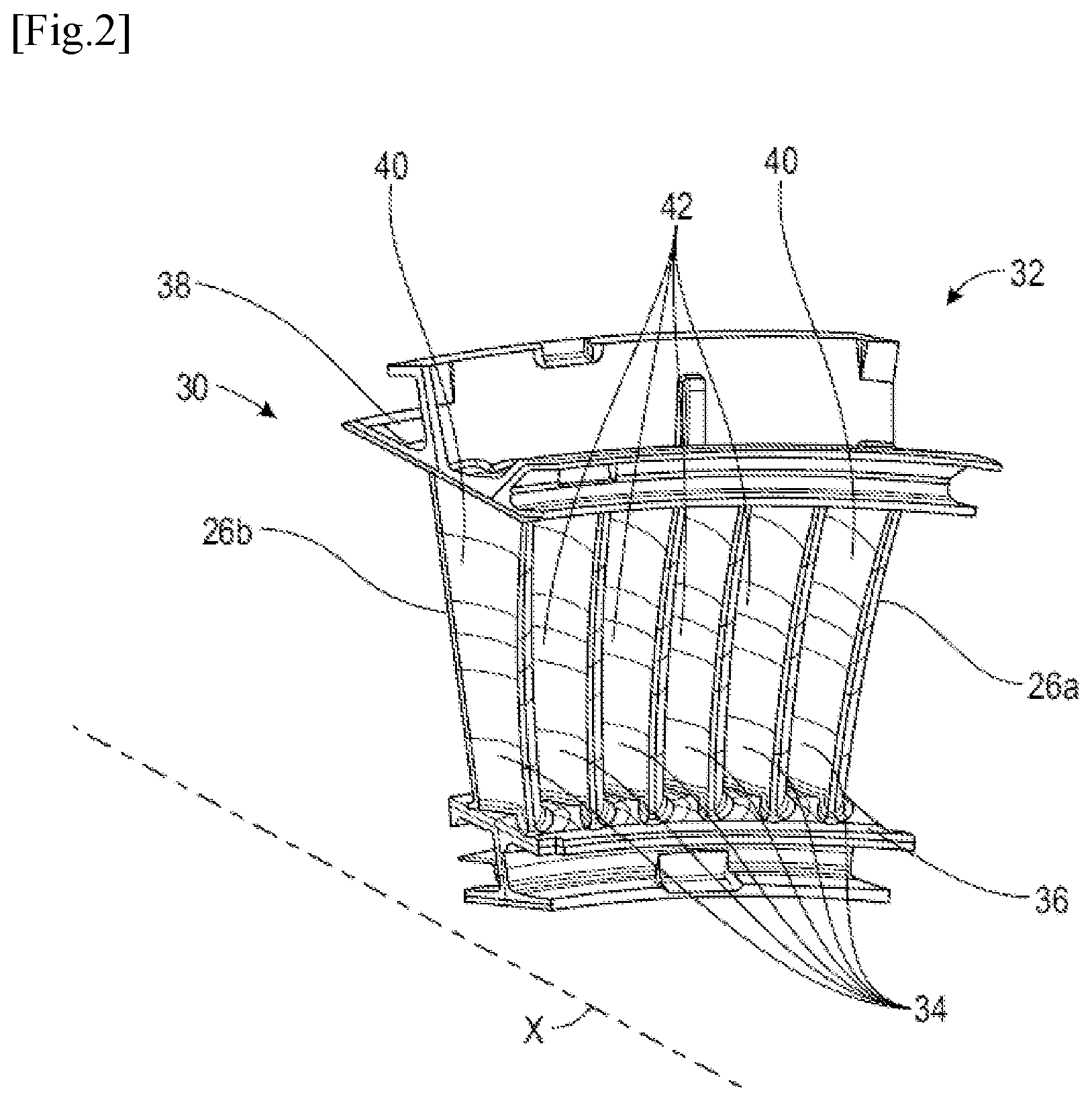 Patent US12305536 Figure 2 – Bladed turbine stator for a turbine engine