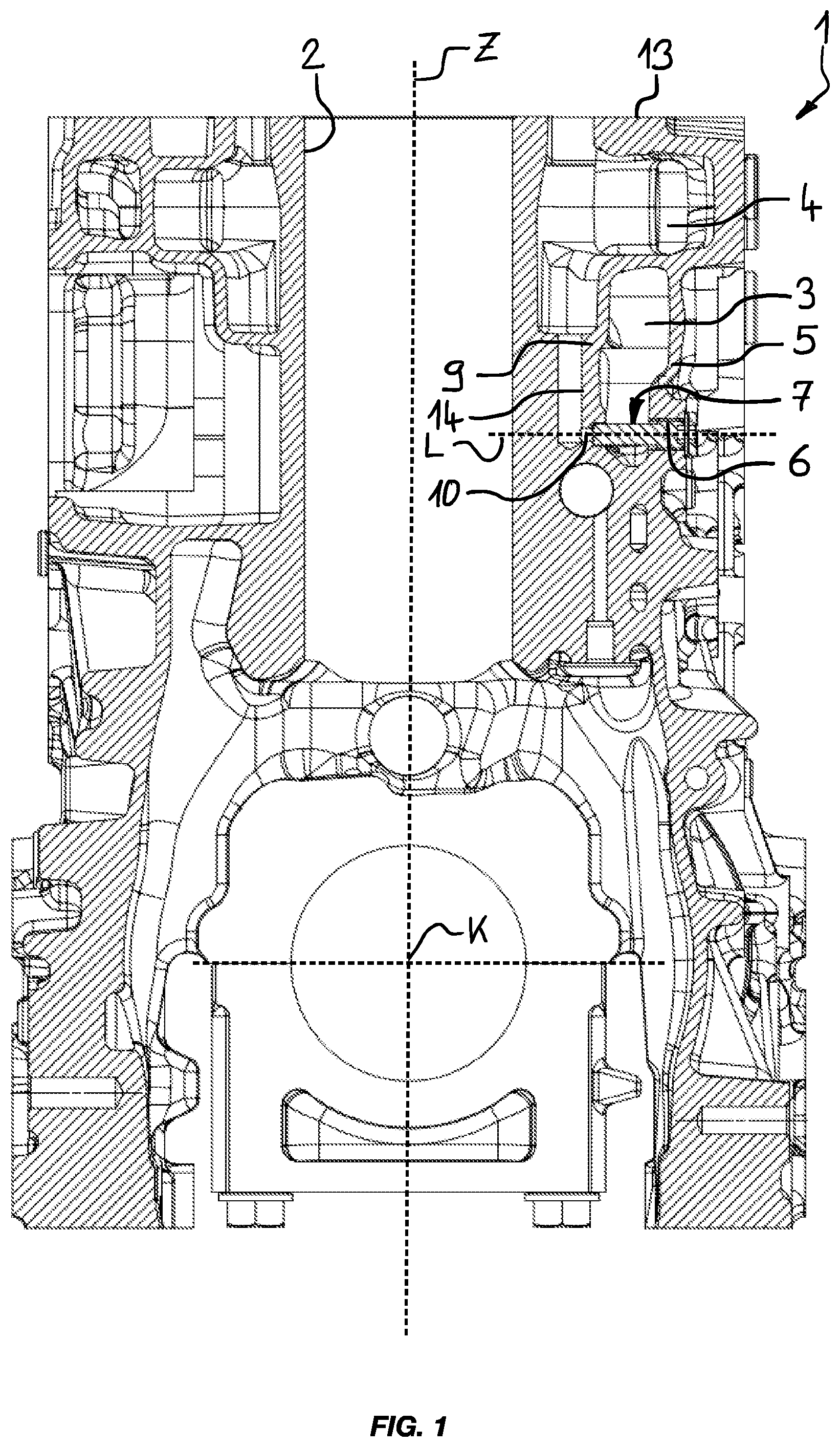 Patent US12305563 Figure 1 – Crankcase with inner and outer coolant jacket