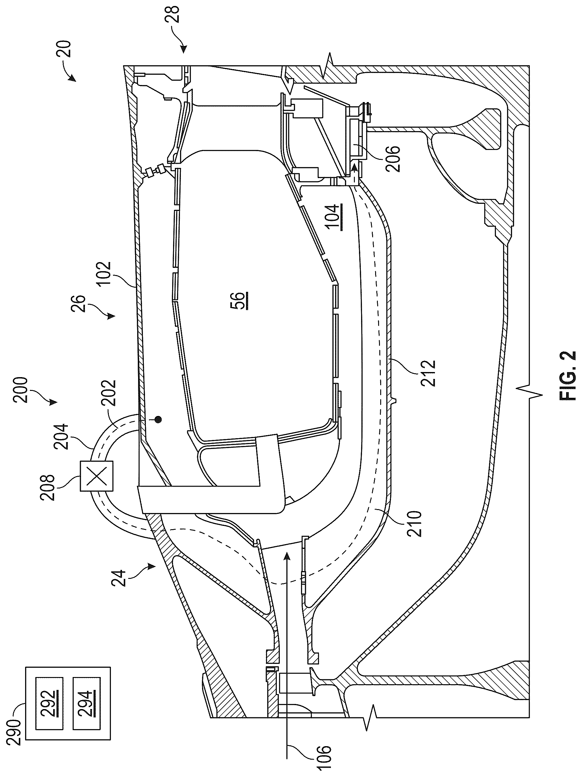 Patent US12305580 Figure 2 – Gas turbine engine with active variable turbine cooling