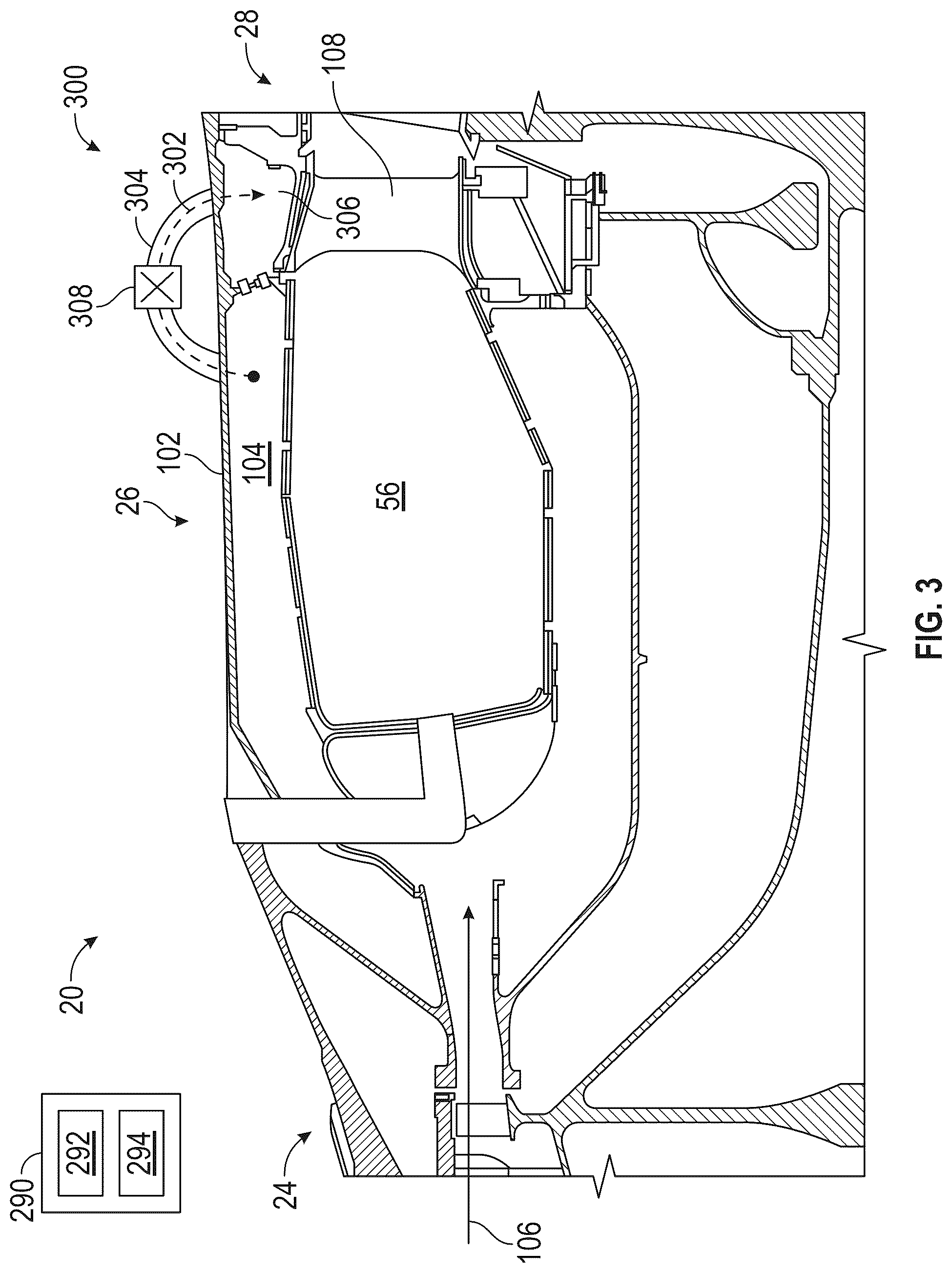 Patent US12305580 Figure 3 – Gas turbine engine with active variable turbine cooling