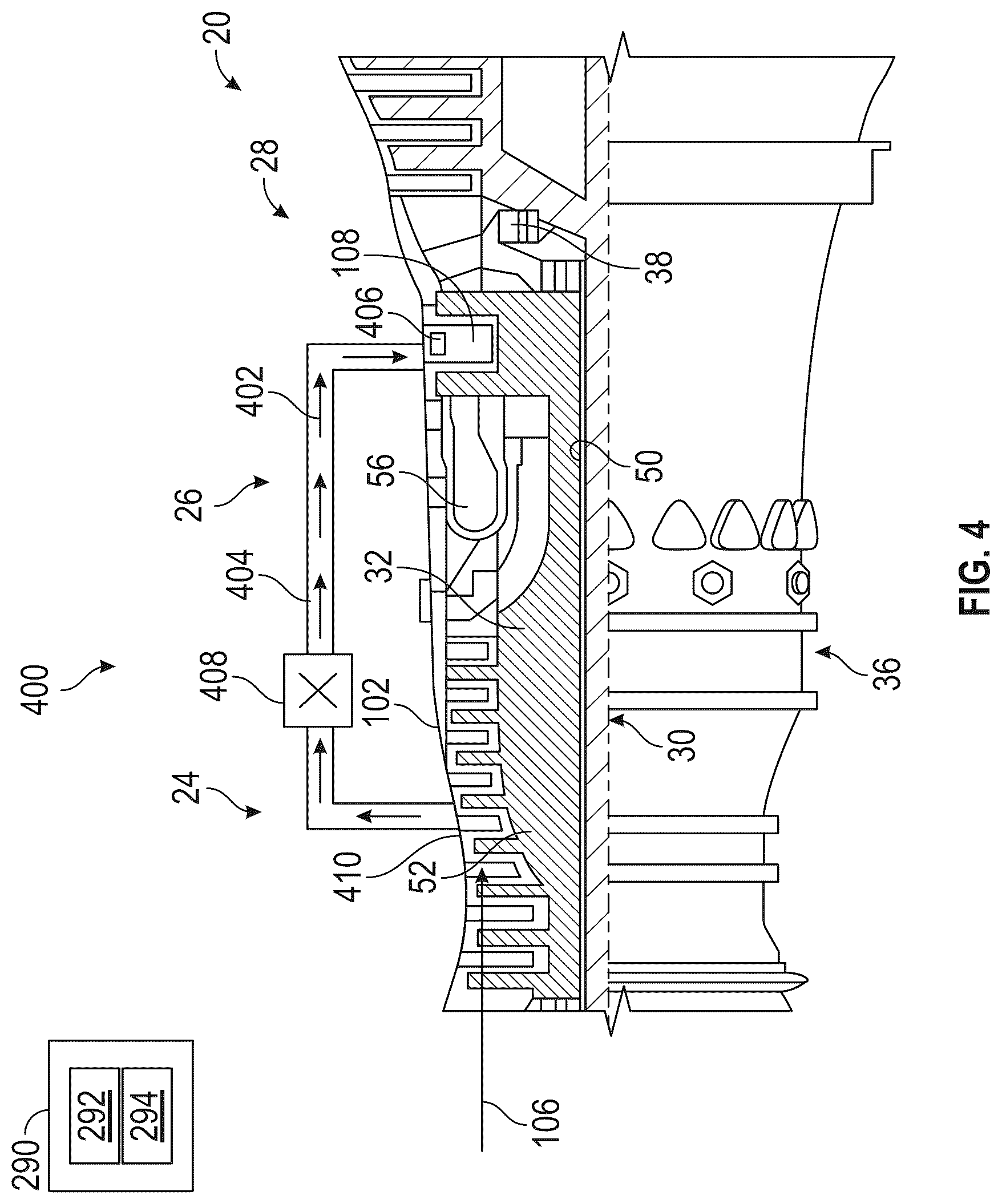 Patent US12305580 Figure 4 – Gas turbine engine with active variable turbine cooling
