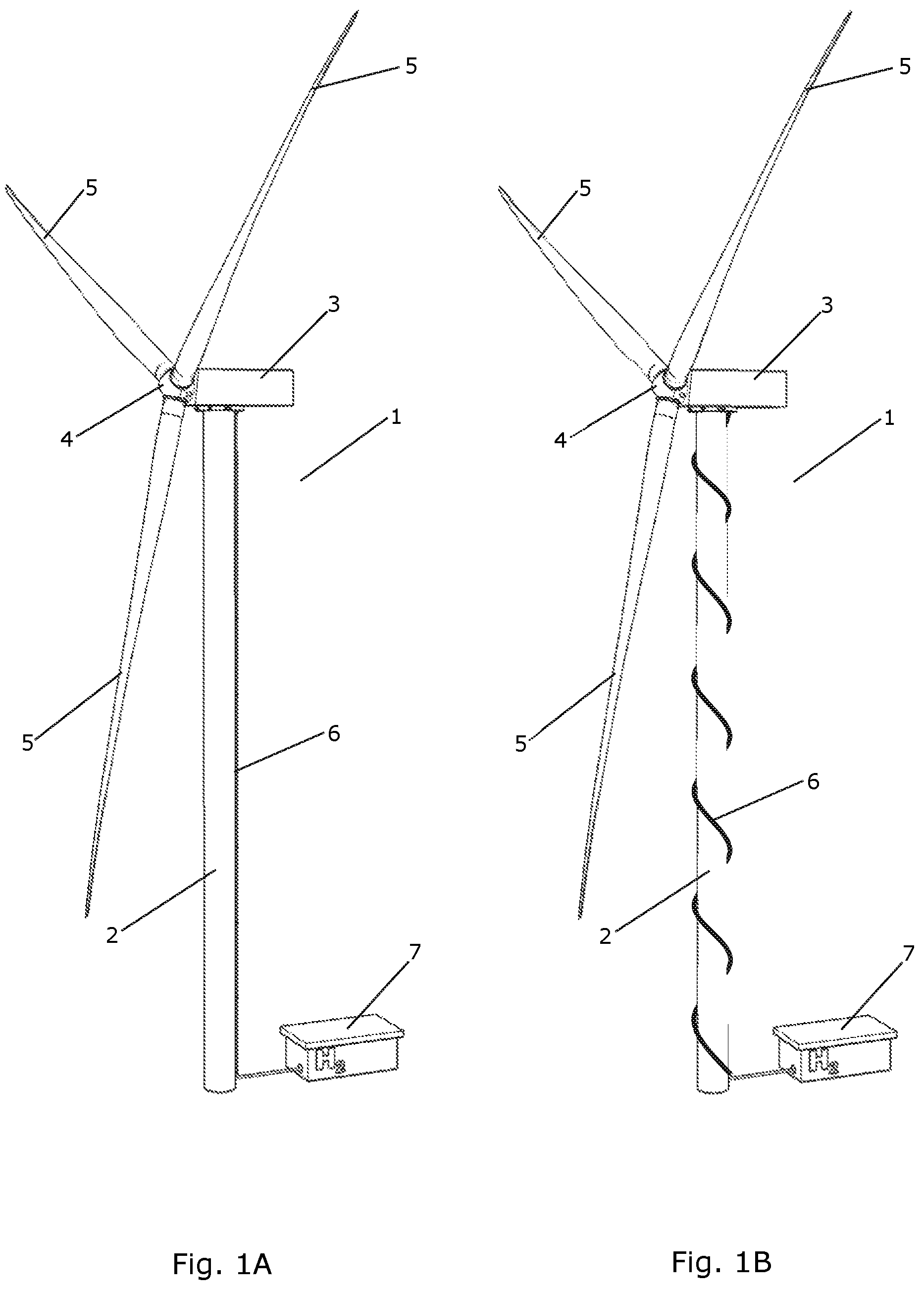Patent US12305620 Figure 1 – Wind turbine with an up-tower electrolysis system