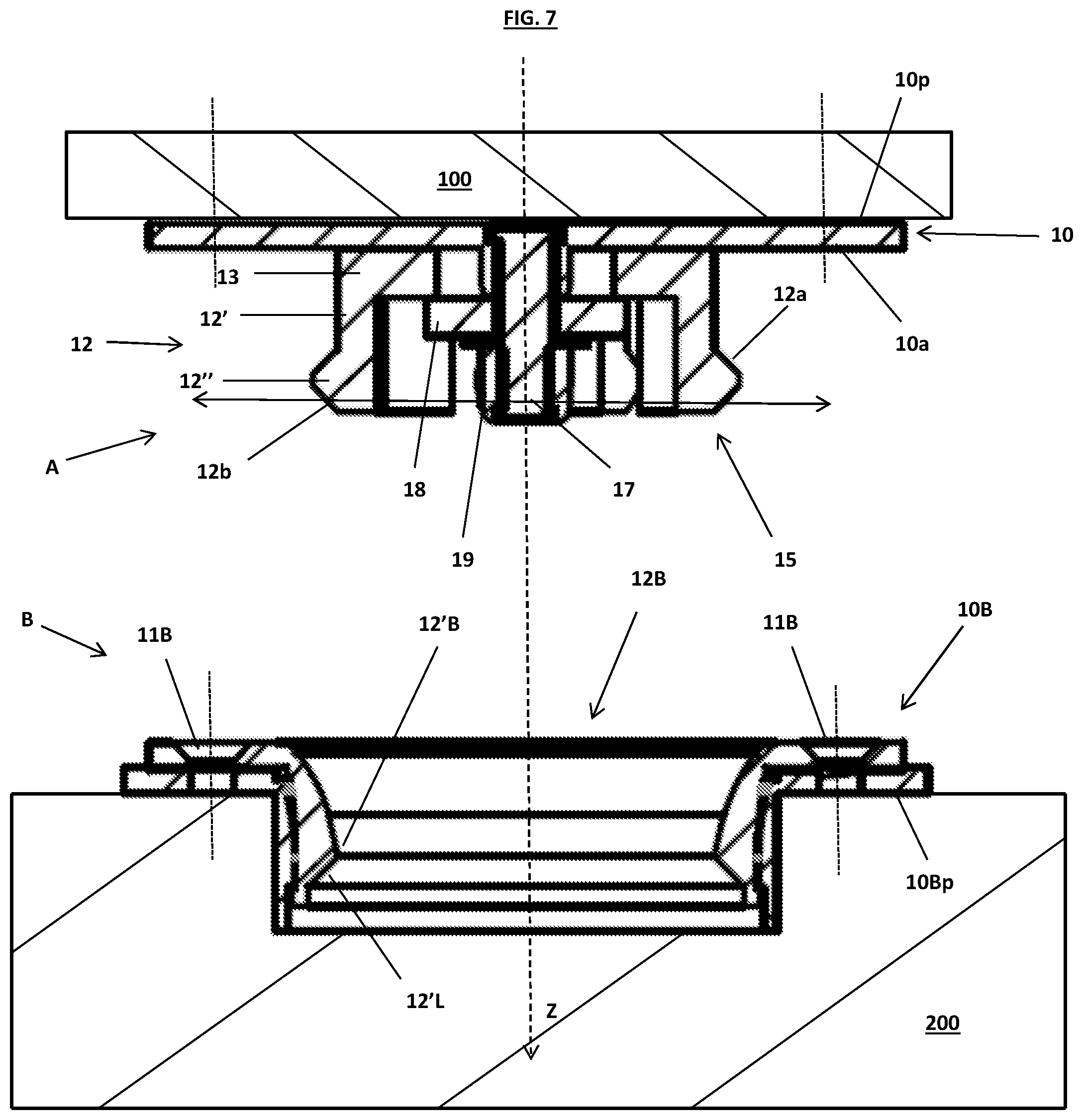 Patent US12305693 Figure 7 – Pressure fixing device of panel-works, in particular covering panels in the nautical field
