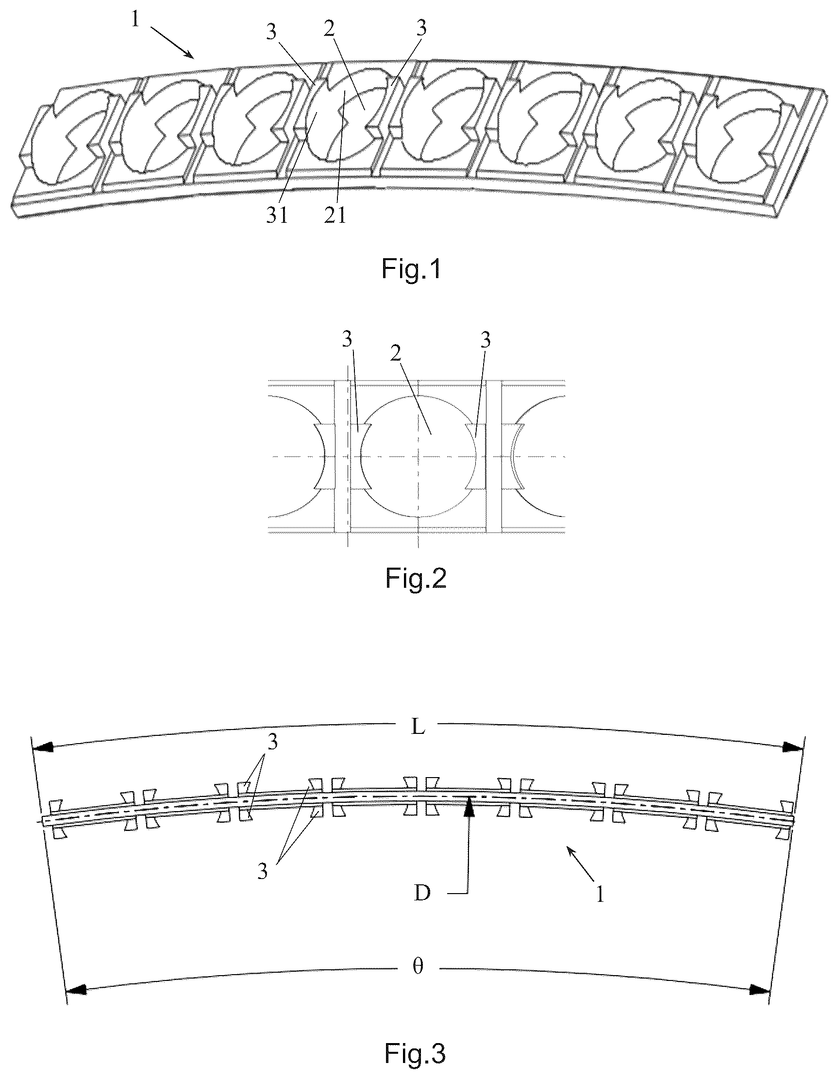 Patent US12305706 Figure 1 – Arc-shaped segment for assembling a segmented cage, cage and bearing