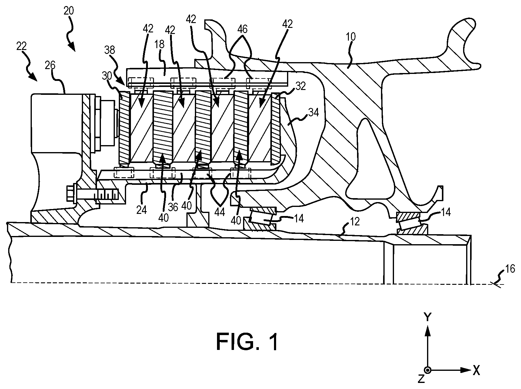 Patent US12305725 Figure 1 – All-CMC brake with wear debris delivery system