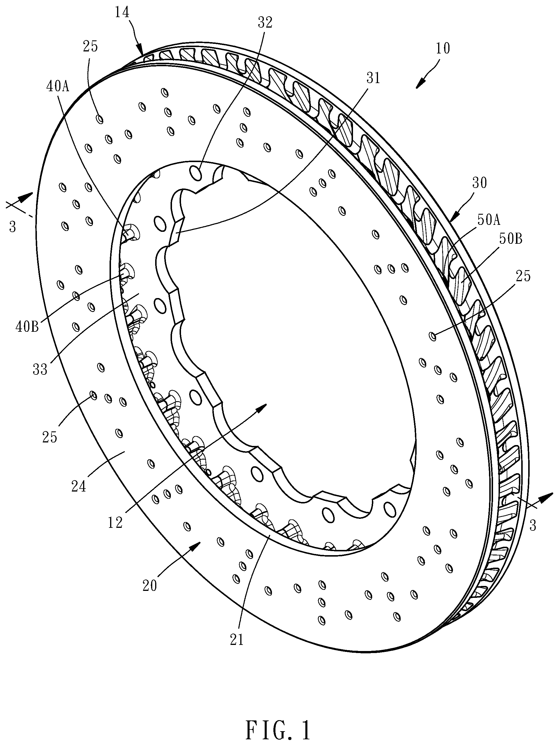 Patent US12305727 Figure 1 – Ventilated brake disc